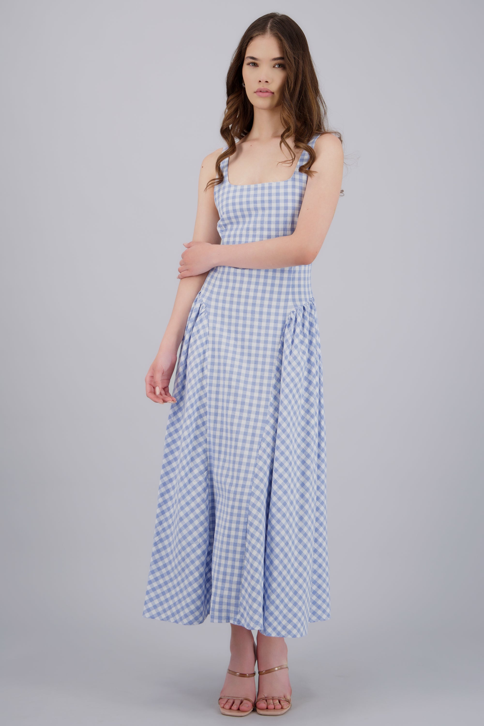 Vestido midi con tirantes gingham AZUL