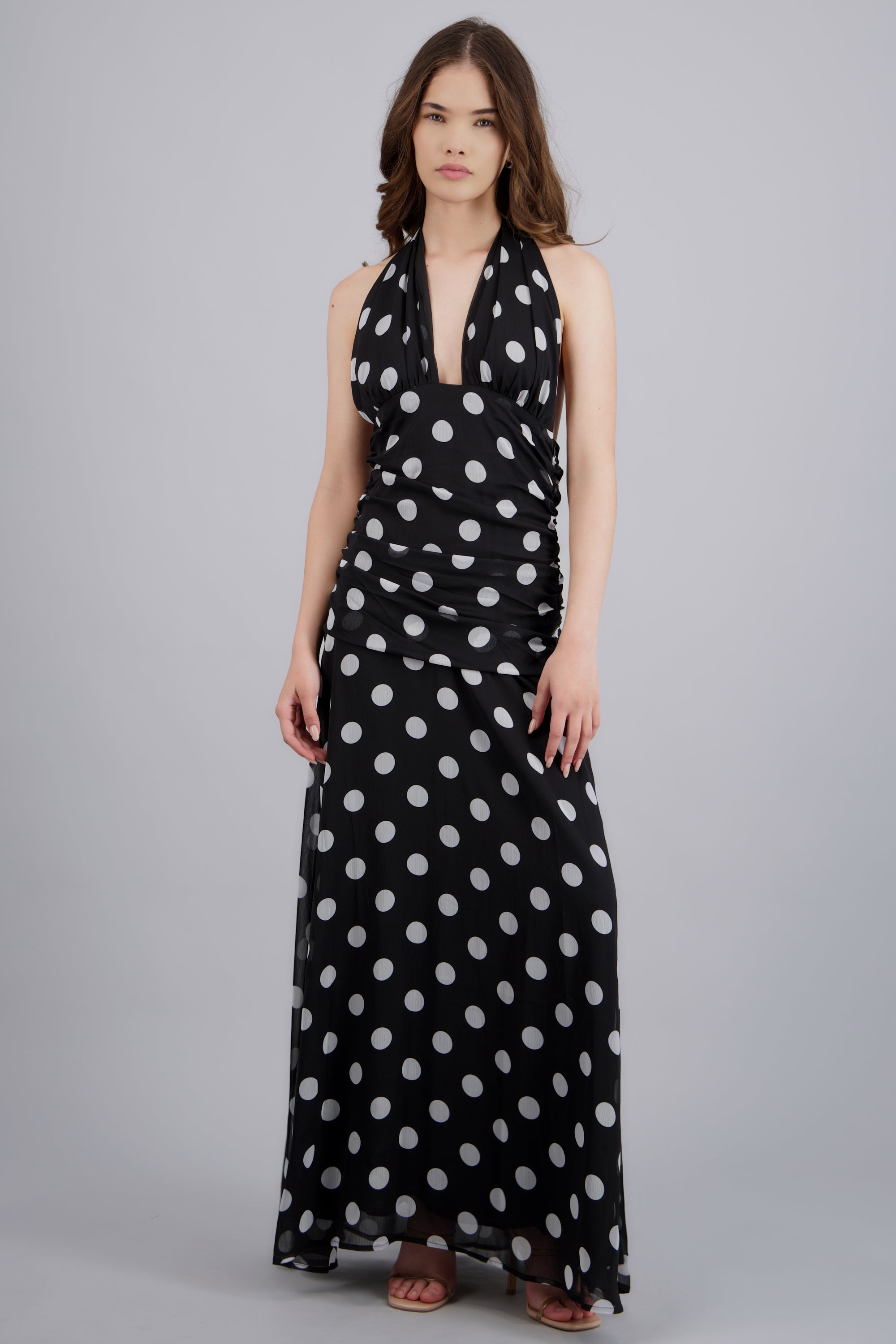 Vestido midi polka detalle drapeado NEGRO COMBO