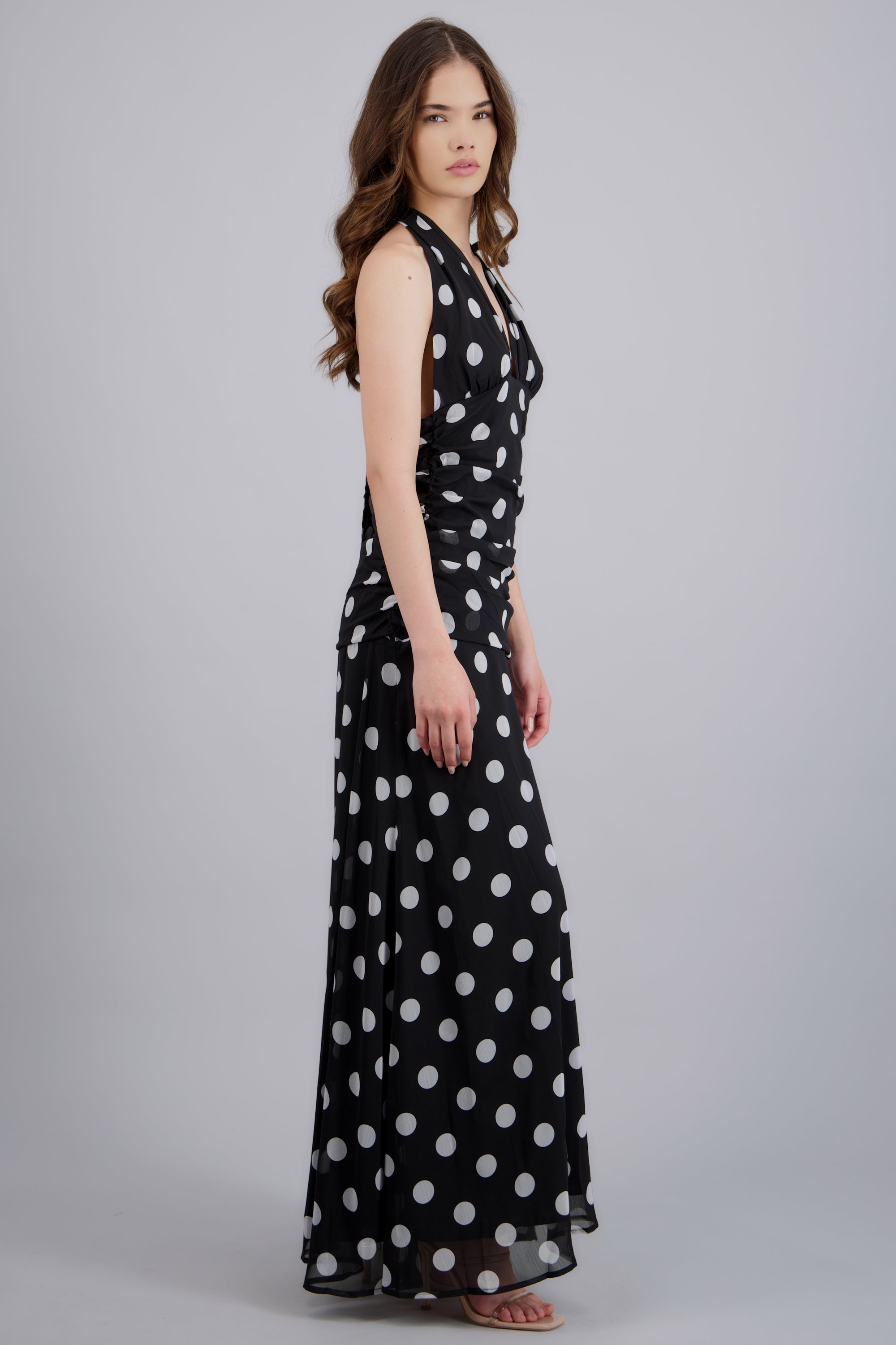 Vestido midi polka detalle drapeado NEGRO COMBO