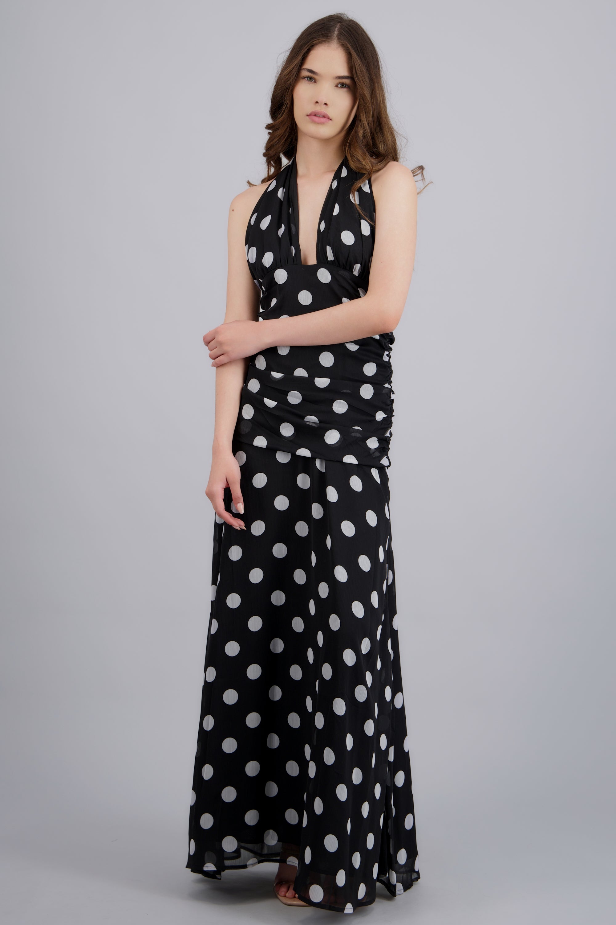 Vestido midi polka detalle drapeado NEGRO COMBO