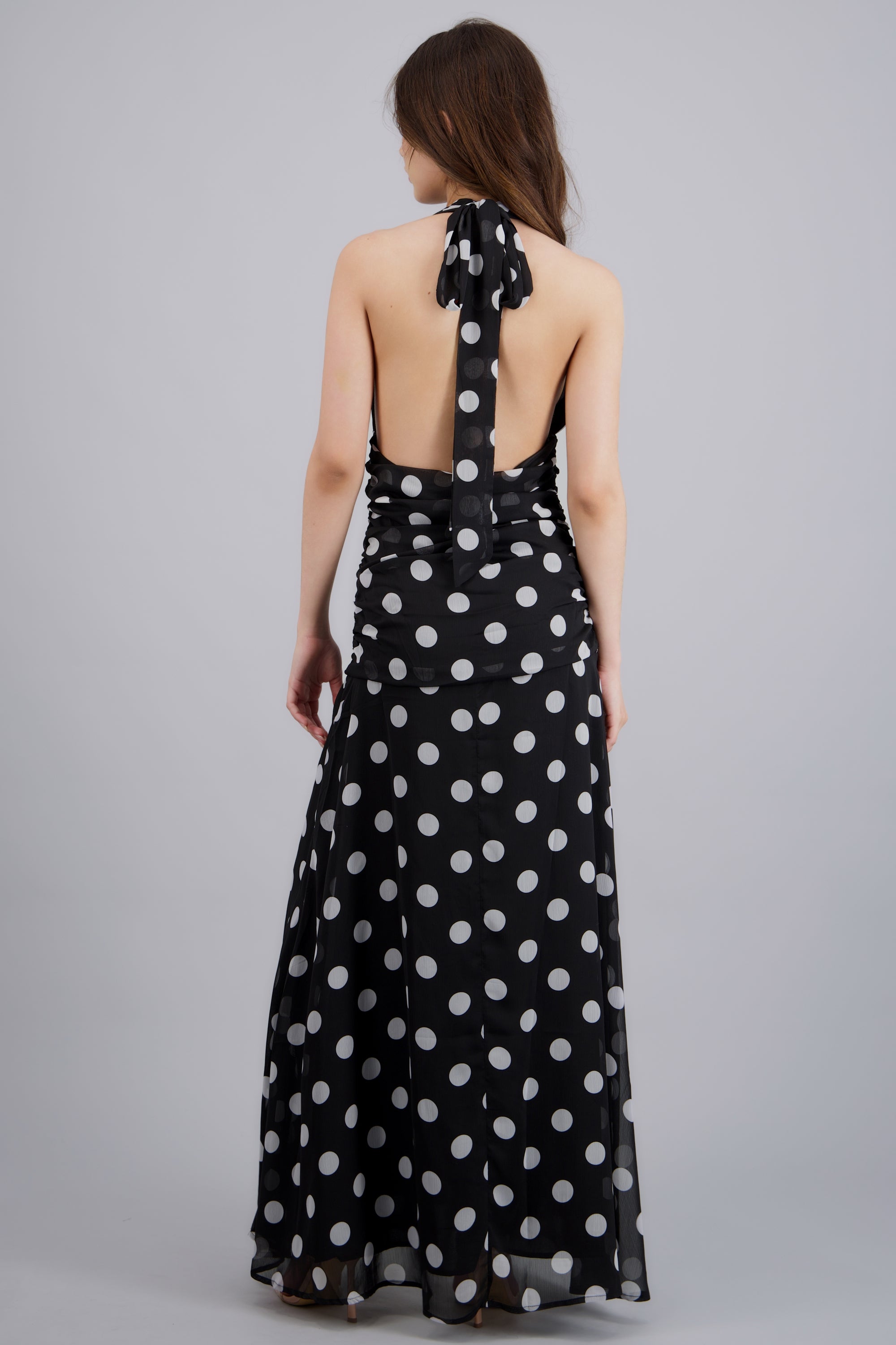 Vestido midi polka detalle drapeado NEGRO COMBO