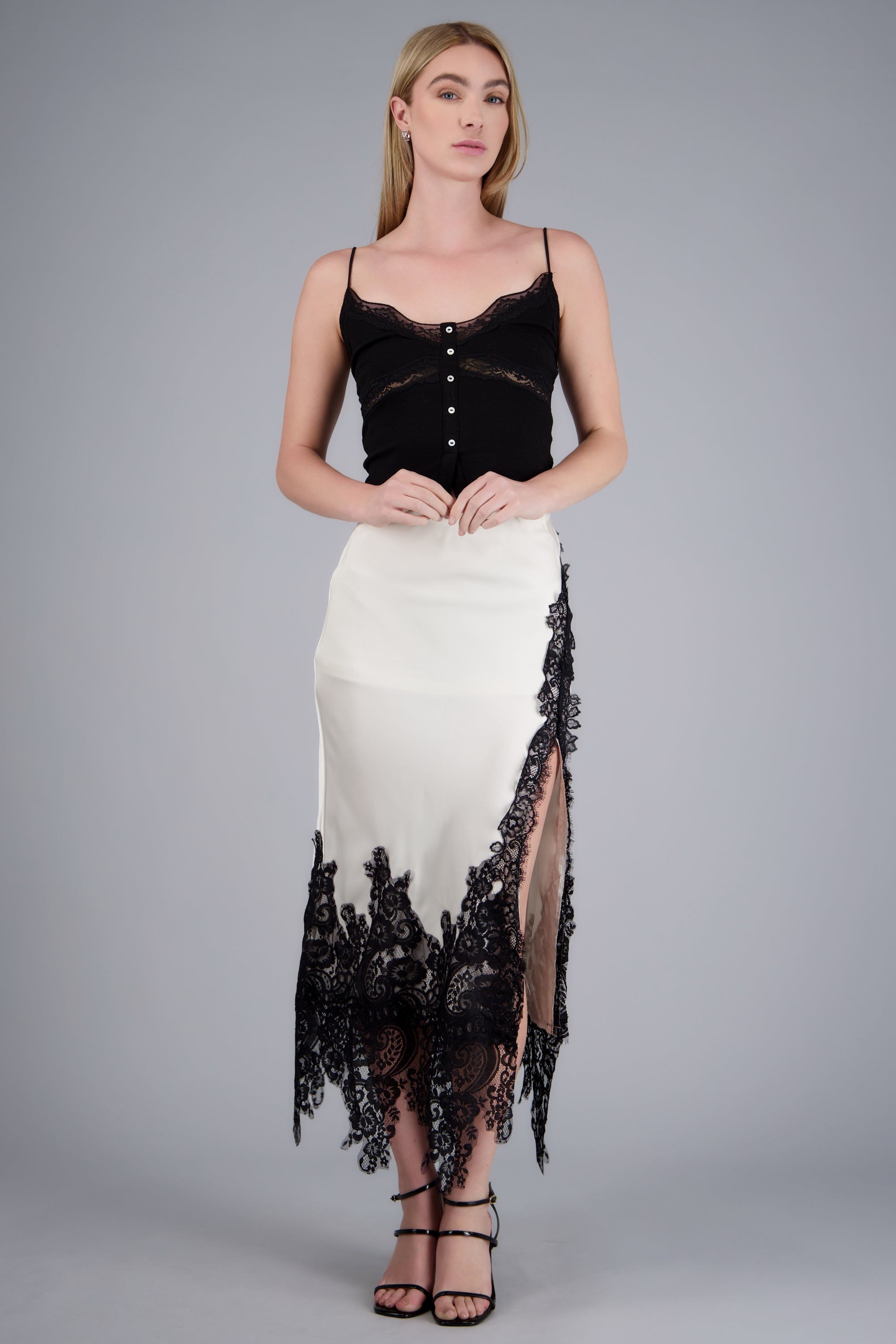 Falda midi satin detalle encaje BLANCO COMBO
