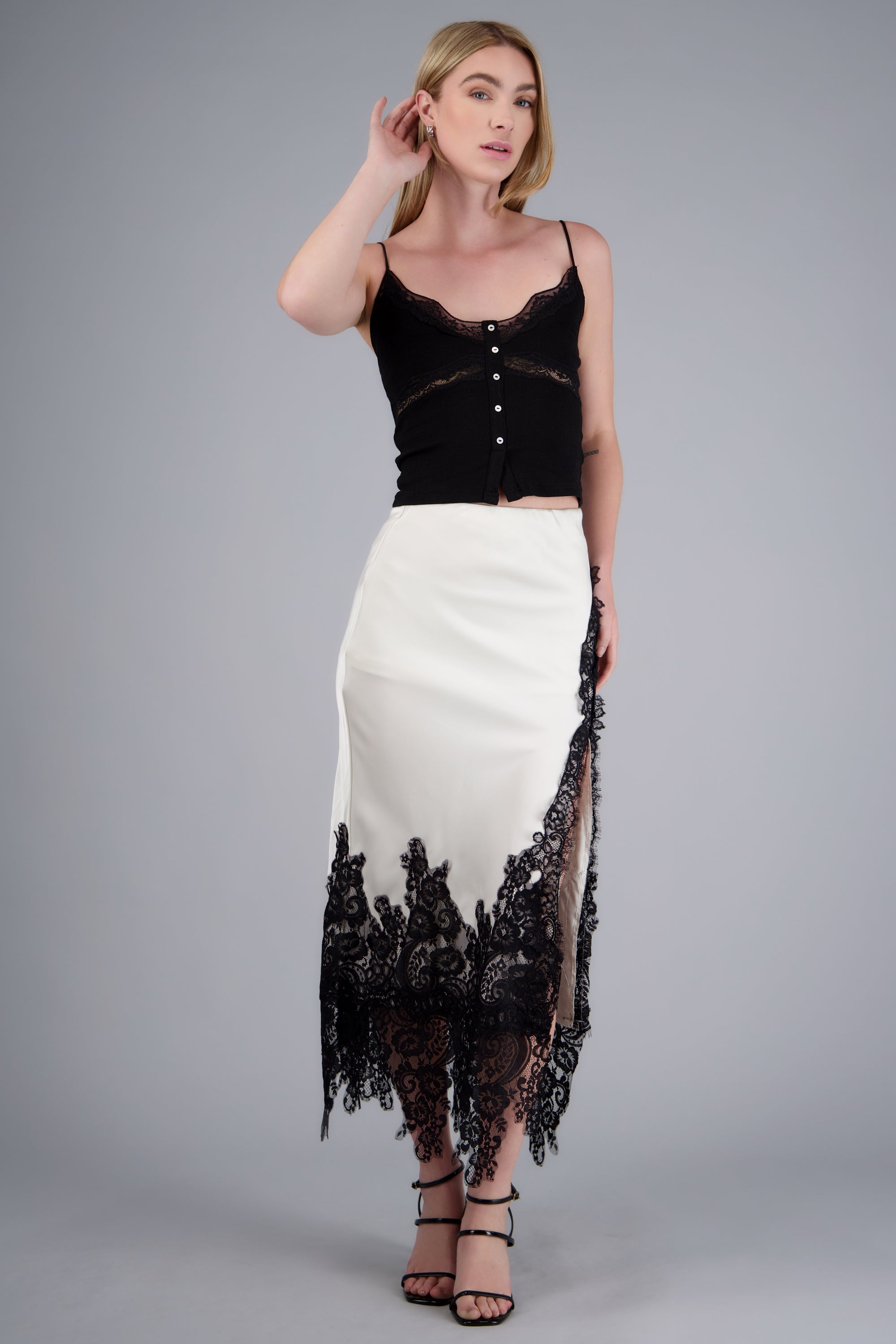Falda midi satin detalle encaje BLANCO COMBO
