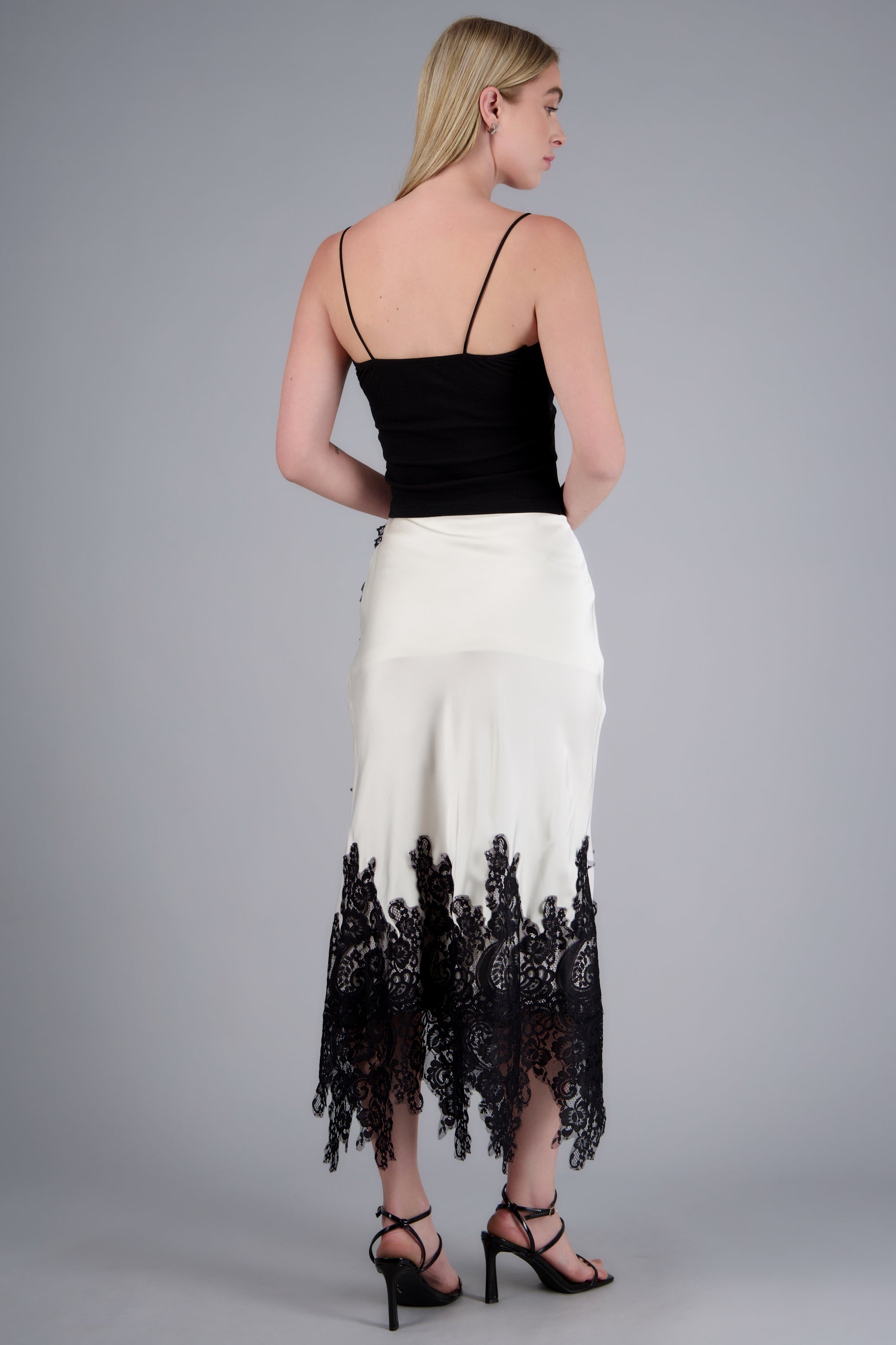 Falda midi satin detalle encaje BLANCO COMBO