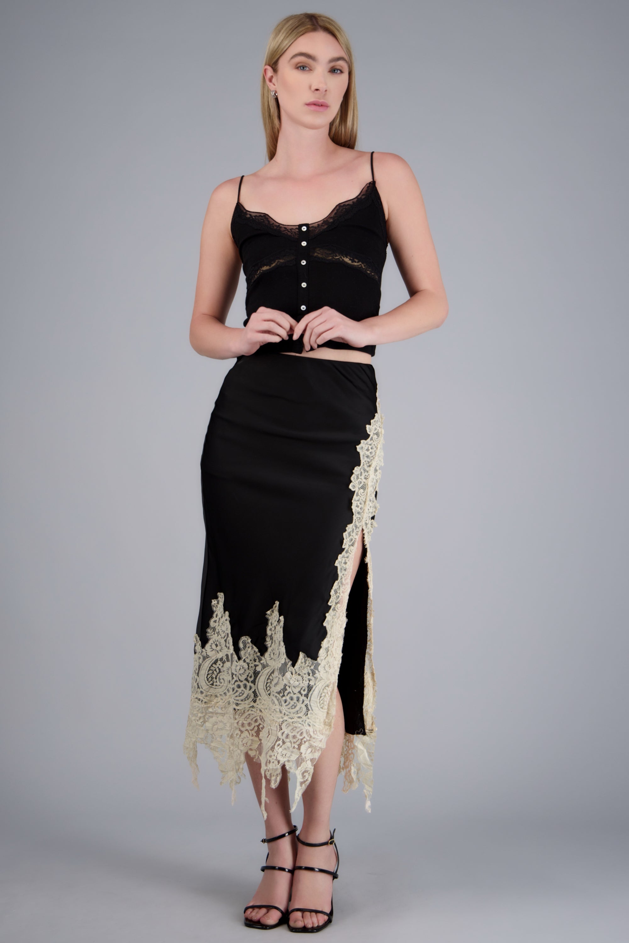 Falda midi satin detalle encaje NEGRO COMBO