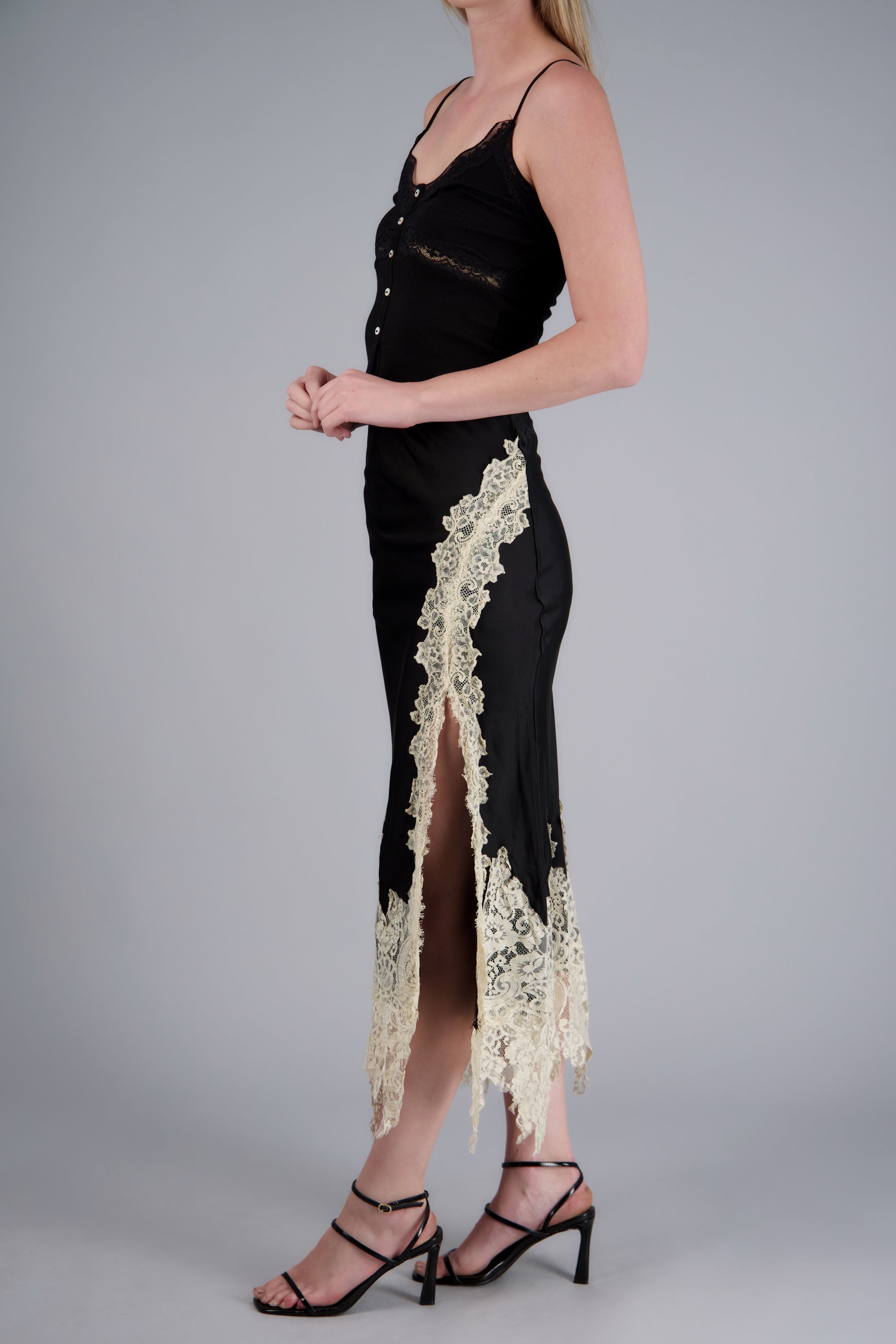Falda midi satin detalle encaje NEGRO COMBO