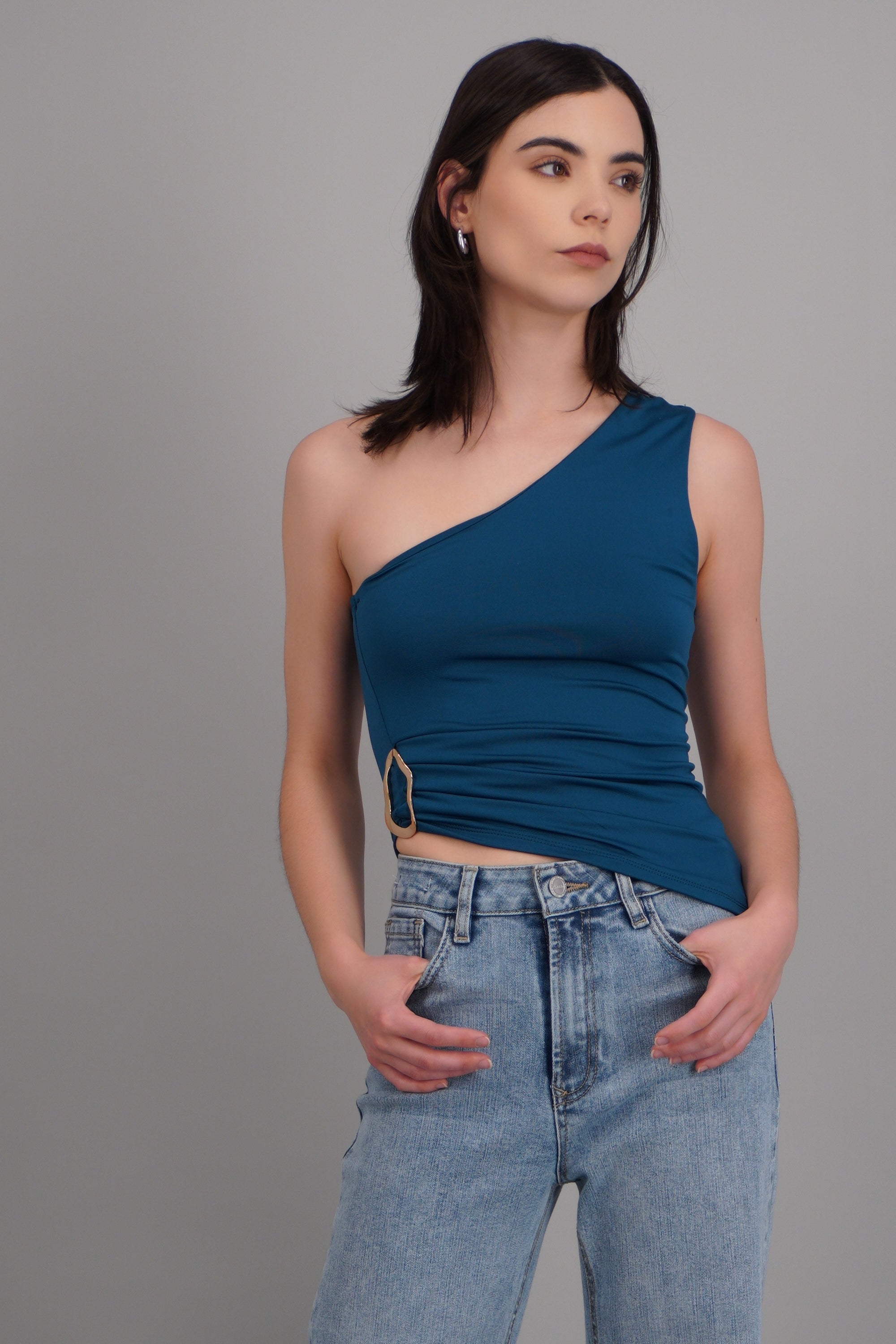 Top one shoulder liso AZUL PATO