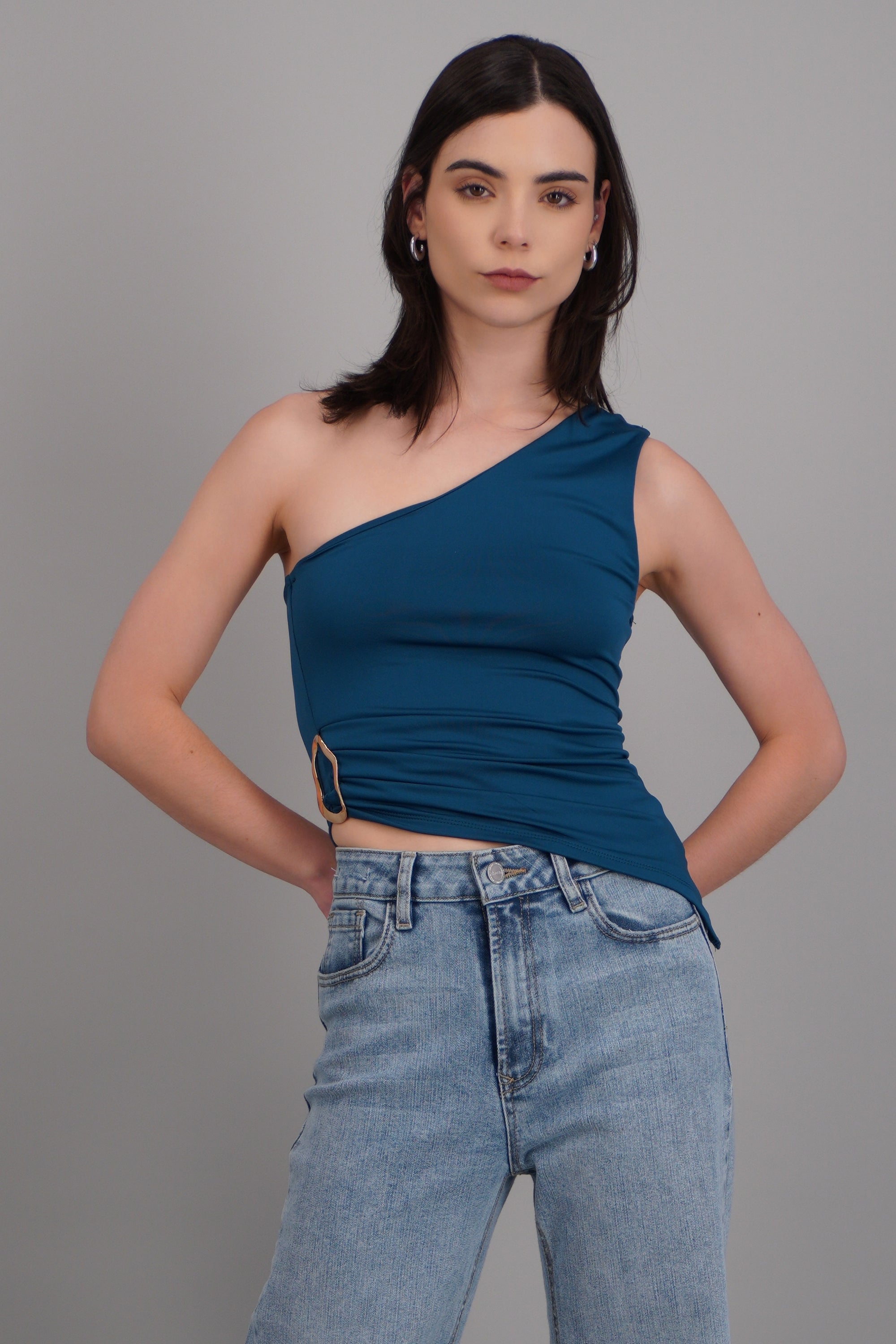 Top one shoulder liso AZUL PATO