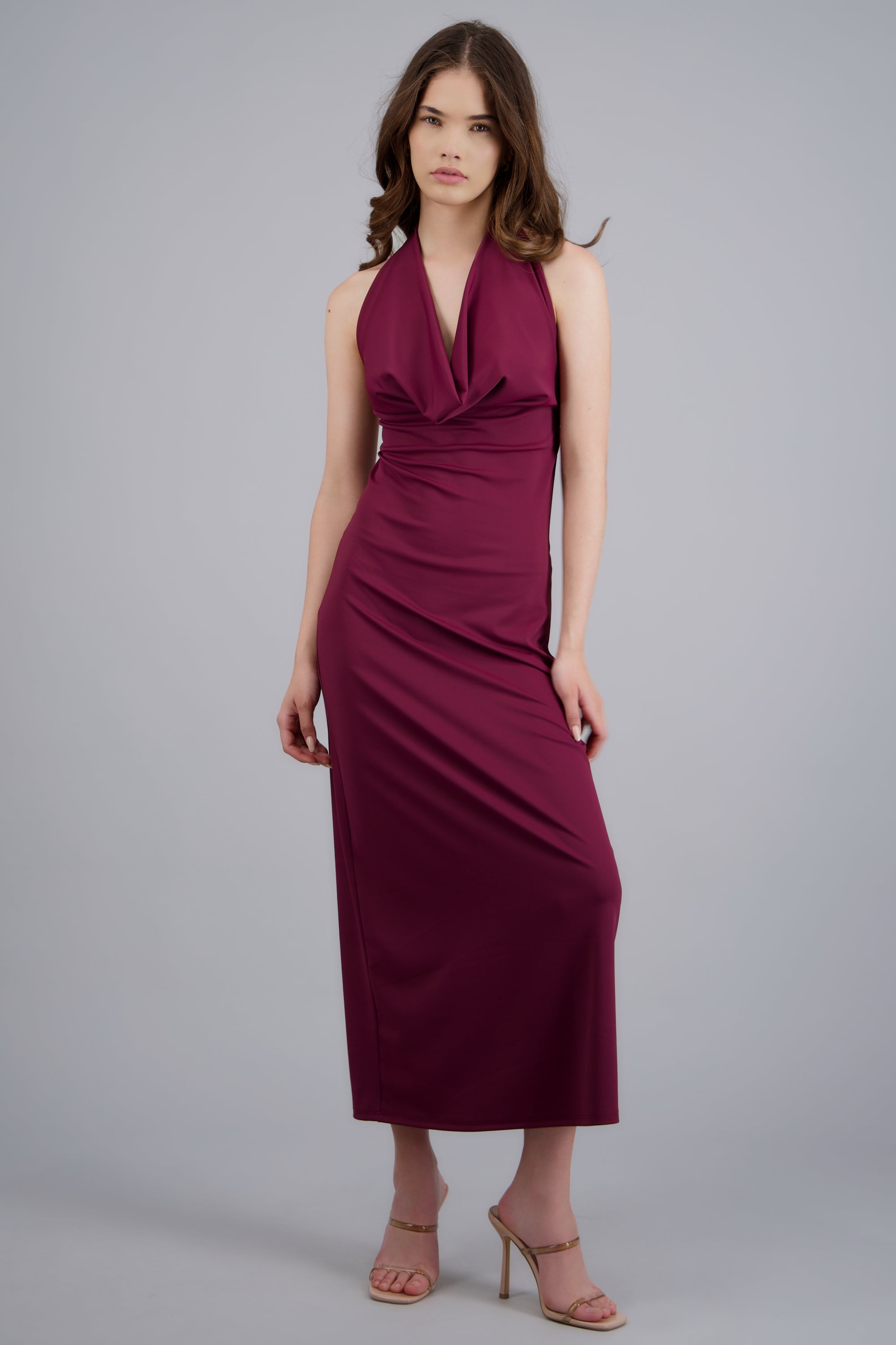 Vestido maxi escote cascada VINO