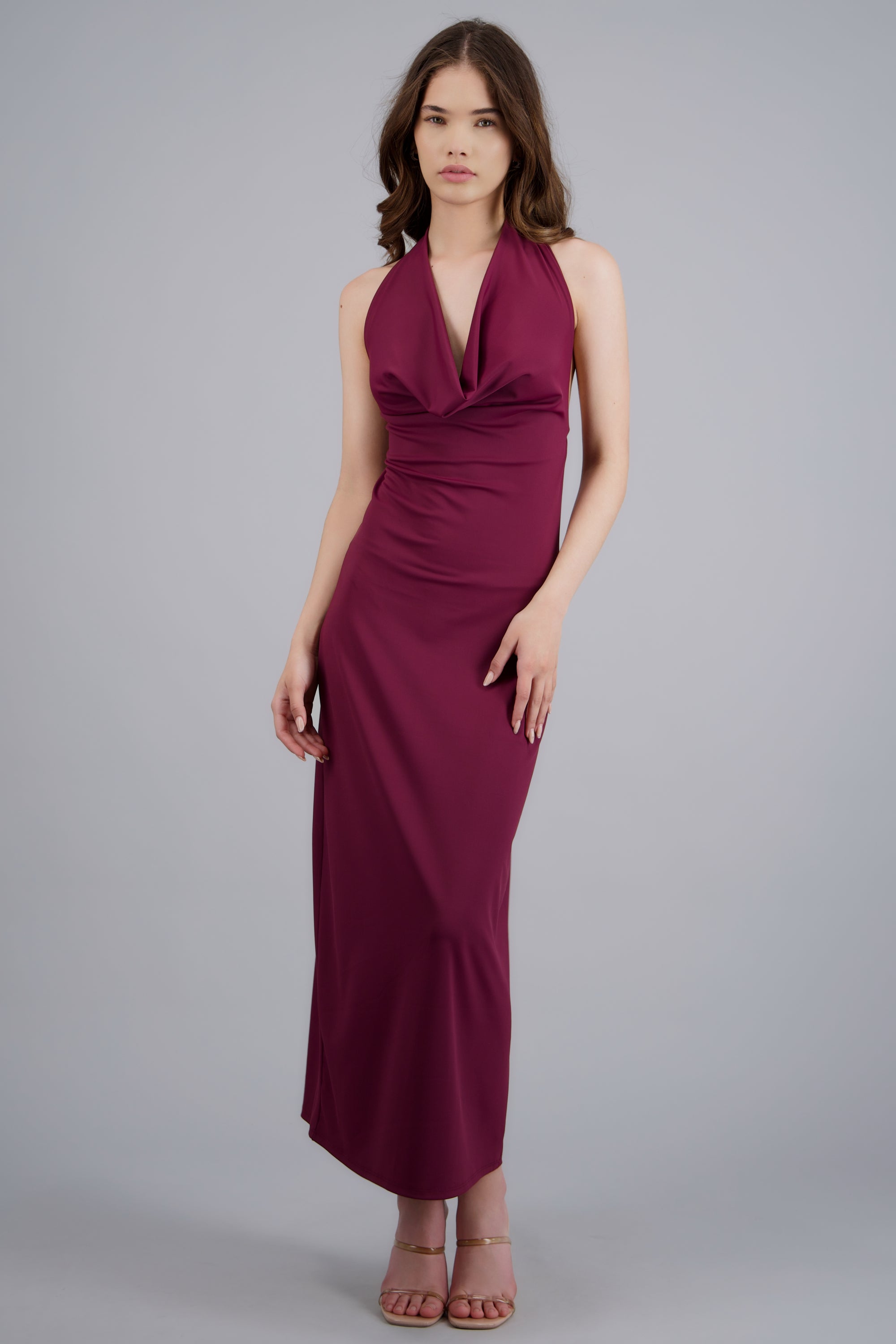 Vestido maxi escote cascada VINO