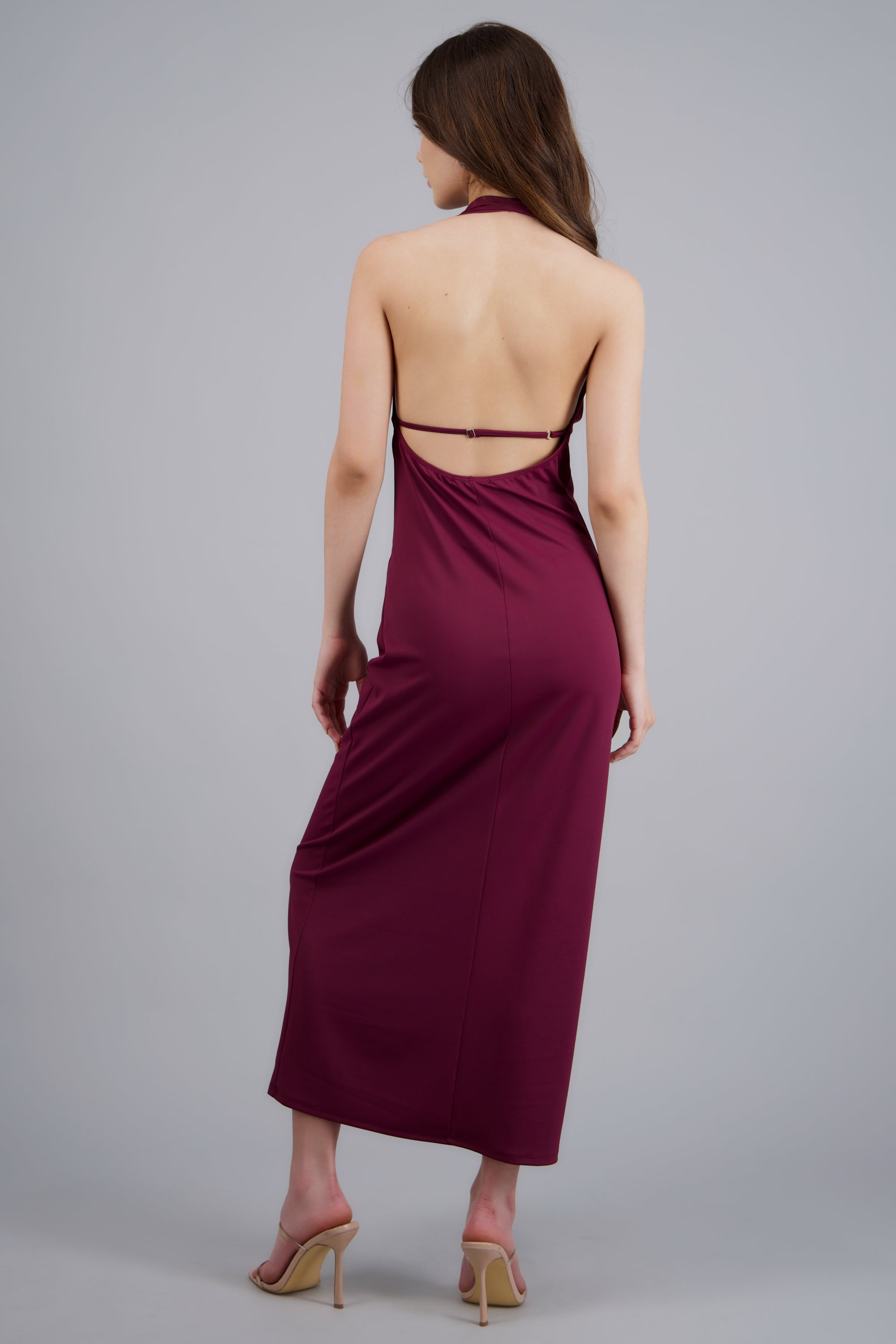 Vestido maxi escote cascada VINO