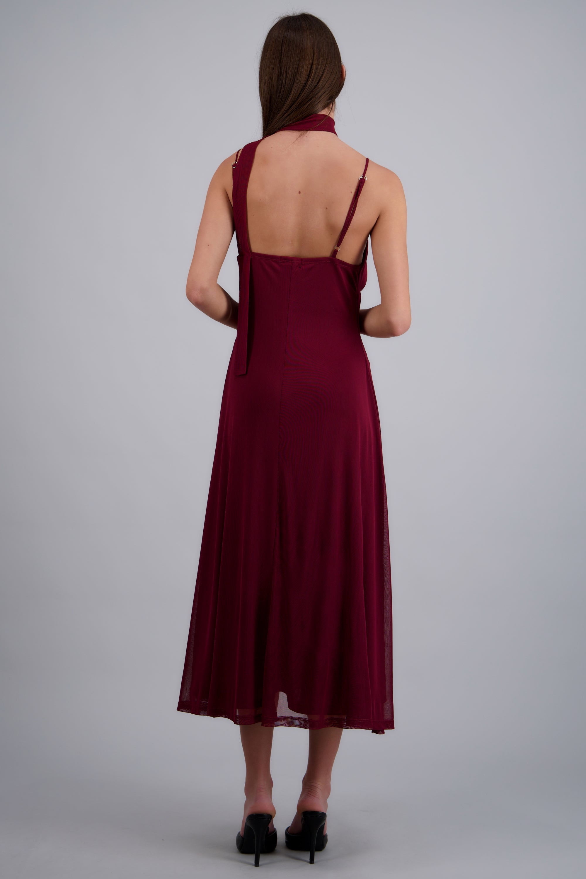 Vestido midi tirantes mesh con bufanda VINO