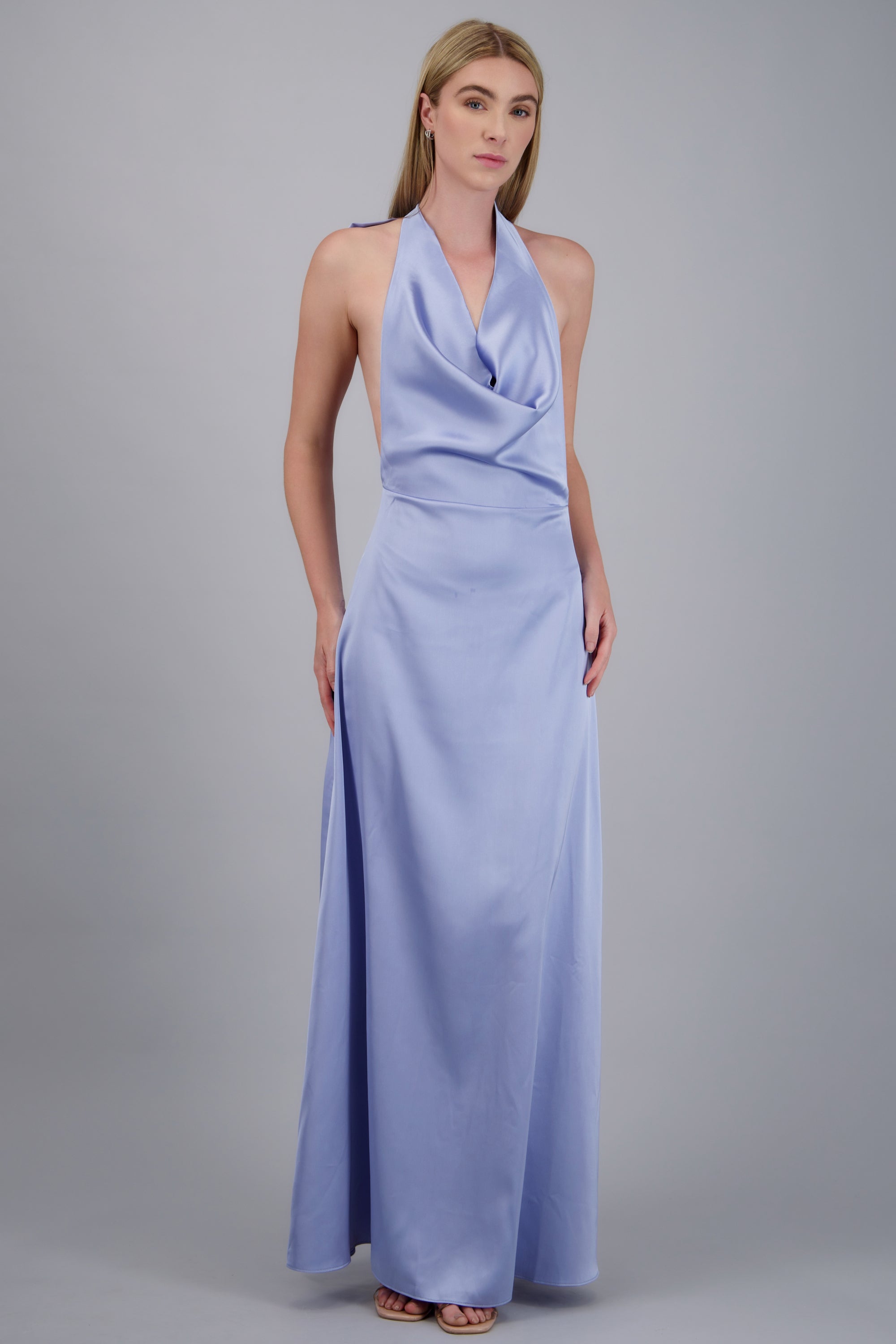 Vestido maxi escote cascada satinado AZUL