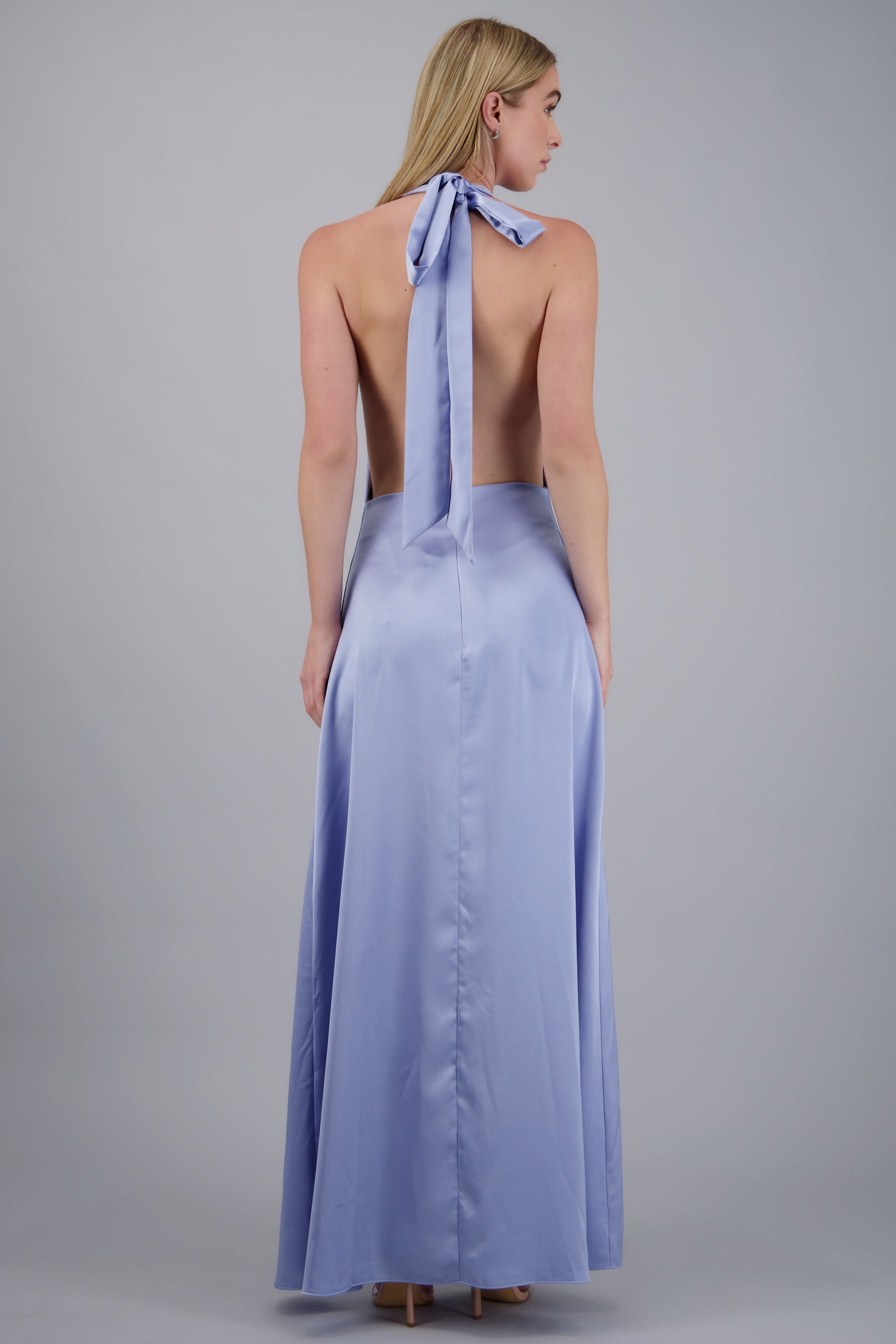 Vestido maxi escote cascada satinado AZUL