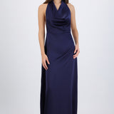 Vestido maxi escote cascada satinado
