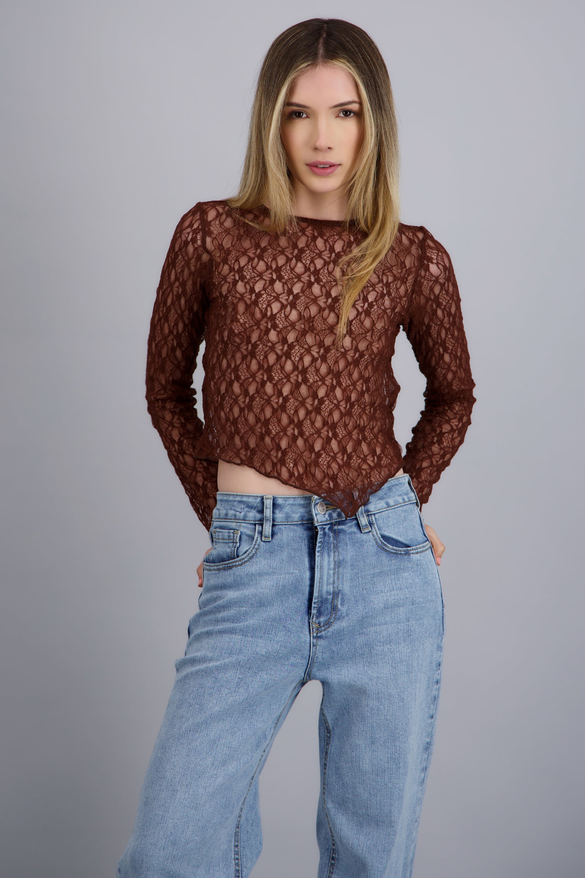 Blusa de encaje manga larga CHOCOLATE