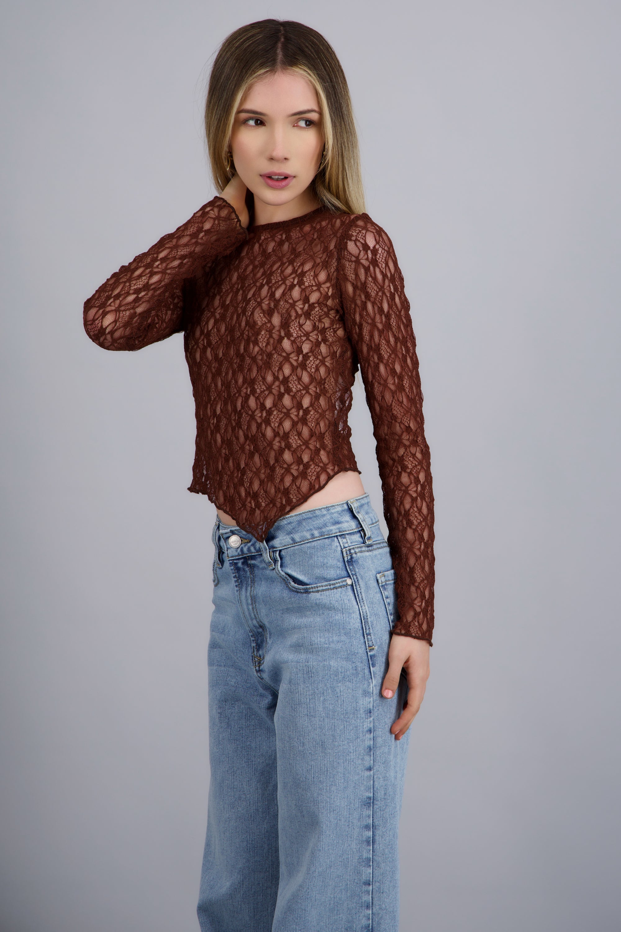 Blusa de encaje manga larga CHOCOLATE