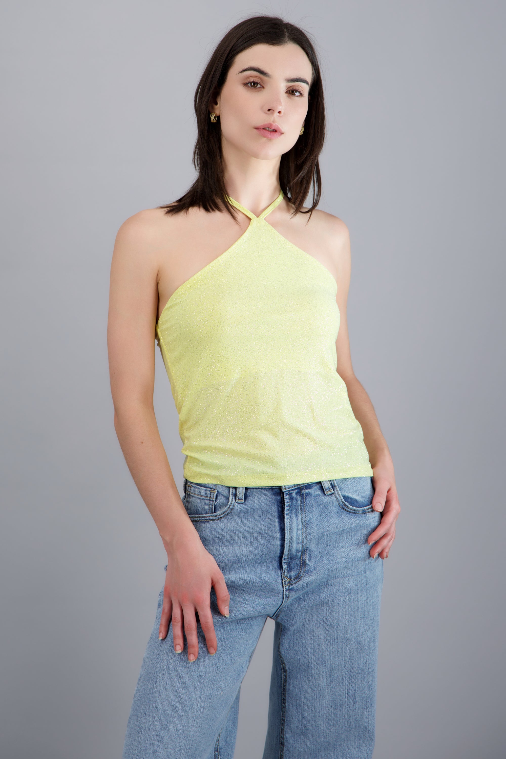 Top halter sin mangas detalle brillos AMARILLO PASTEL