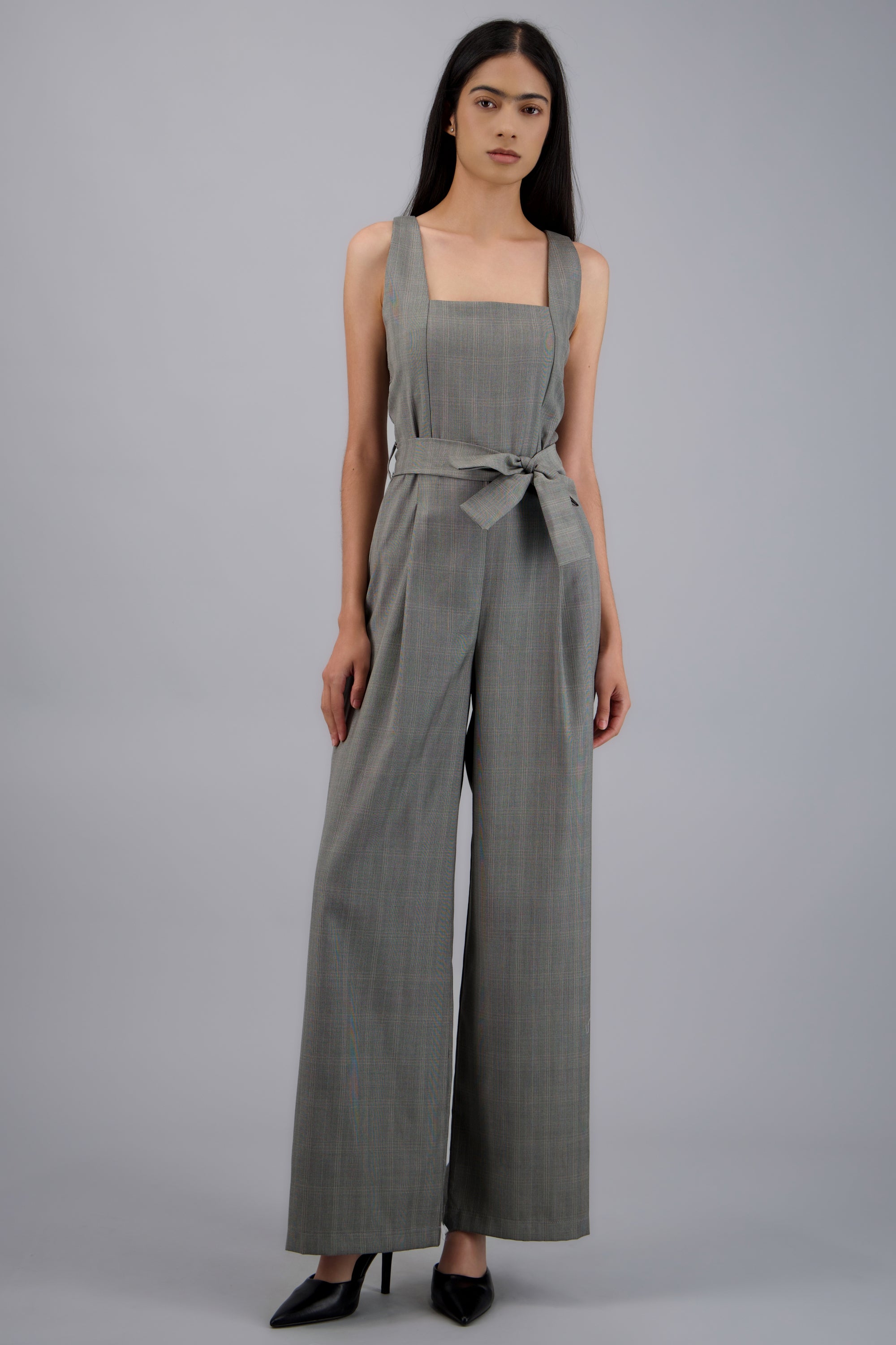 Jumpsuit escote cuadrado detalle cuadros GRIS OBSCURO