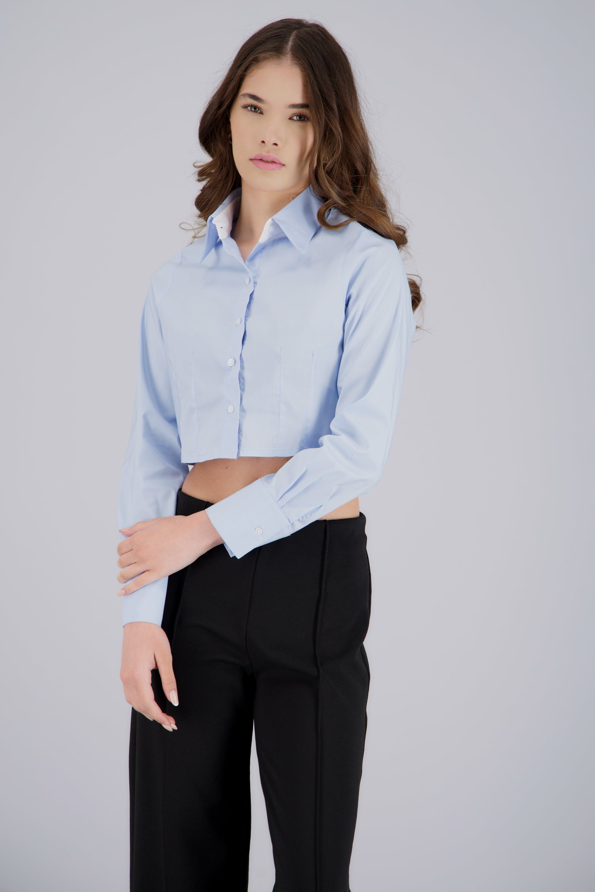 Camisa crop manga larga lisa AZUL PASTEL