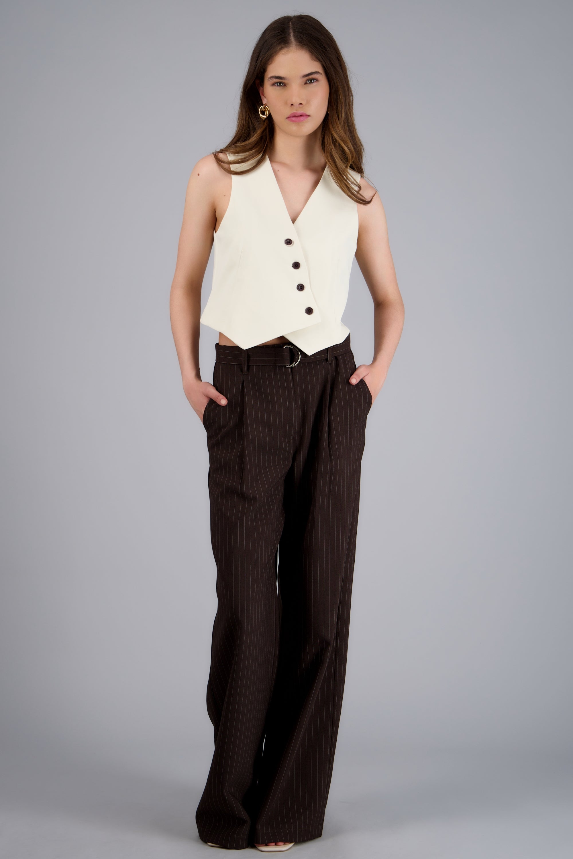 Pantalon rayas detalle cinturon CHOCOLATE