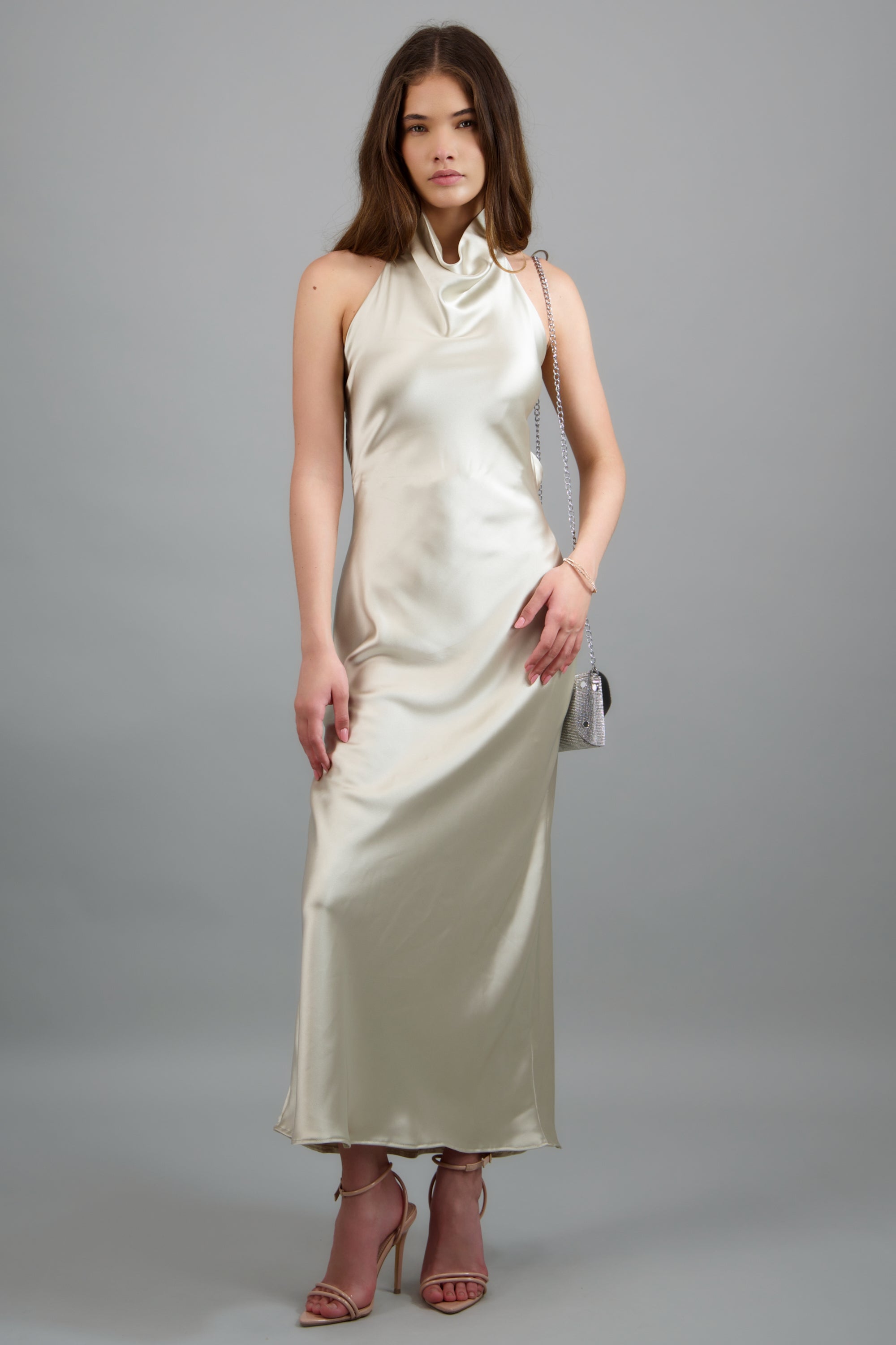 Vestido midi cuello alto espalda descubierta HUESO