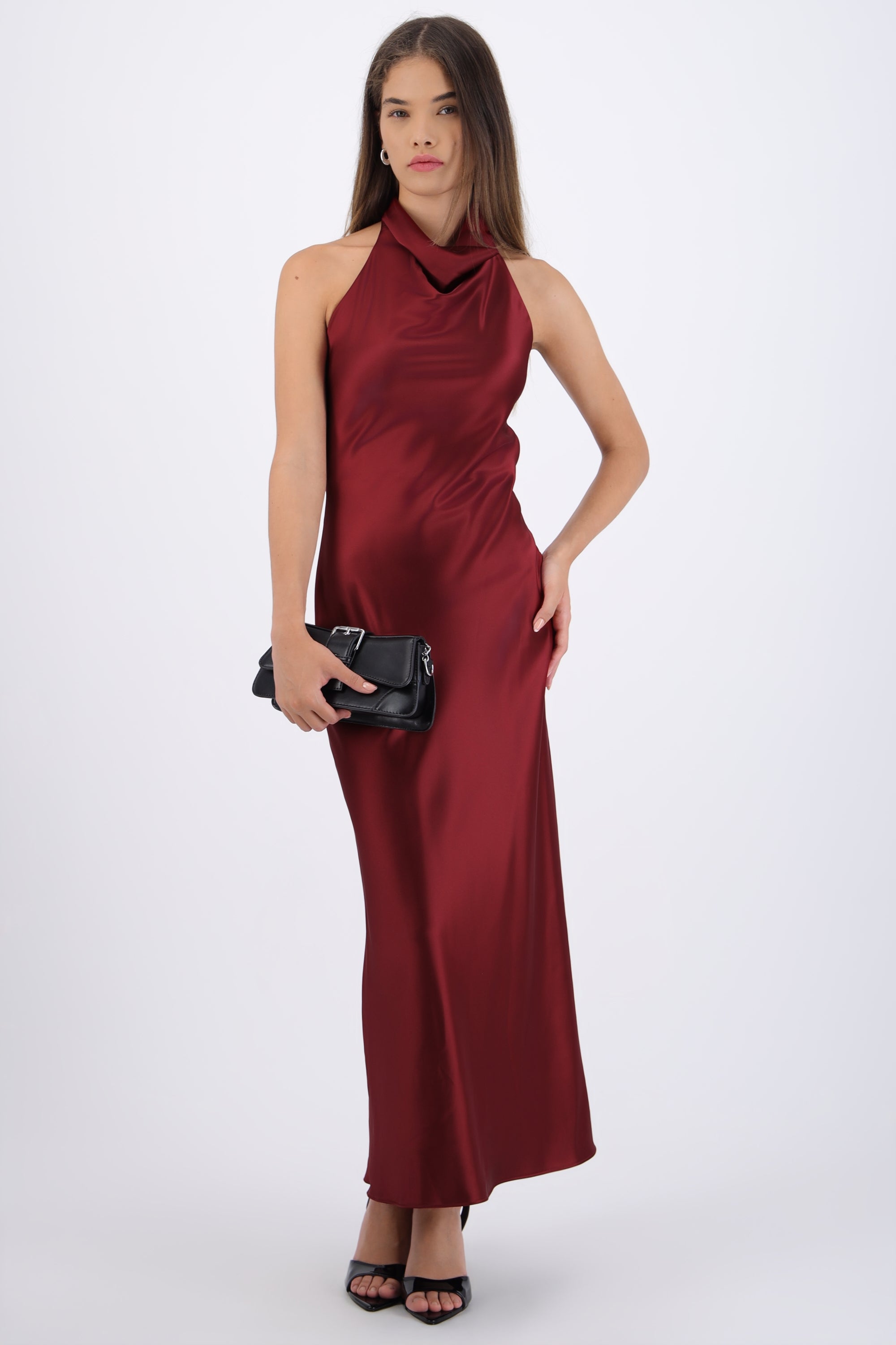 Vestido midi cuello alto espalda descubierta VINO