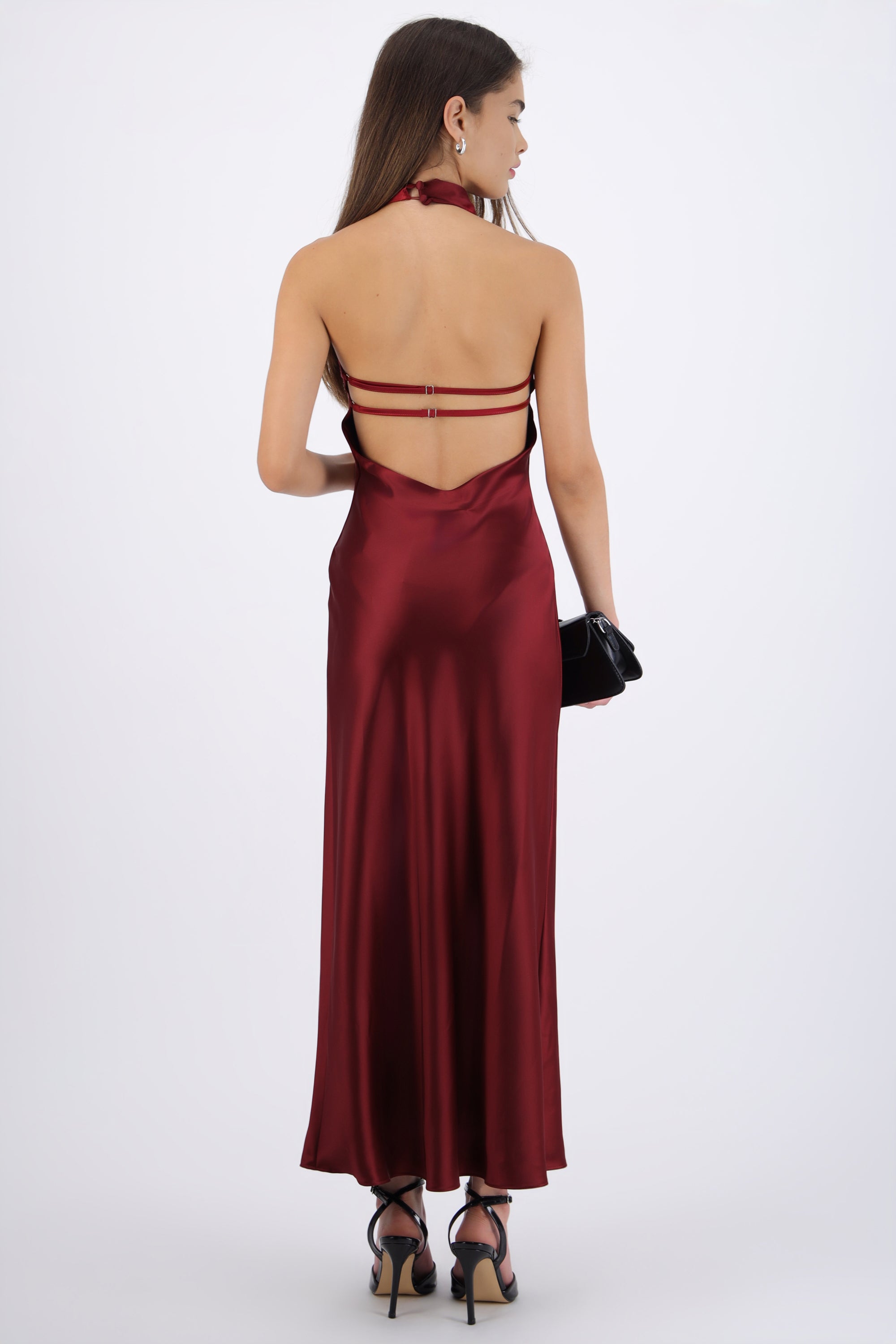 Vestido midi cuello alto espalda descubierta VINO