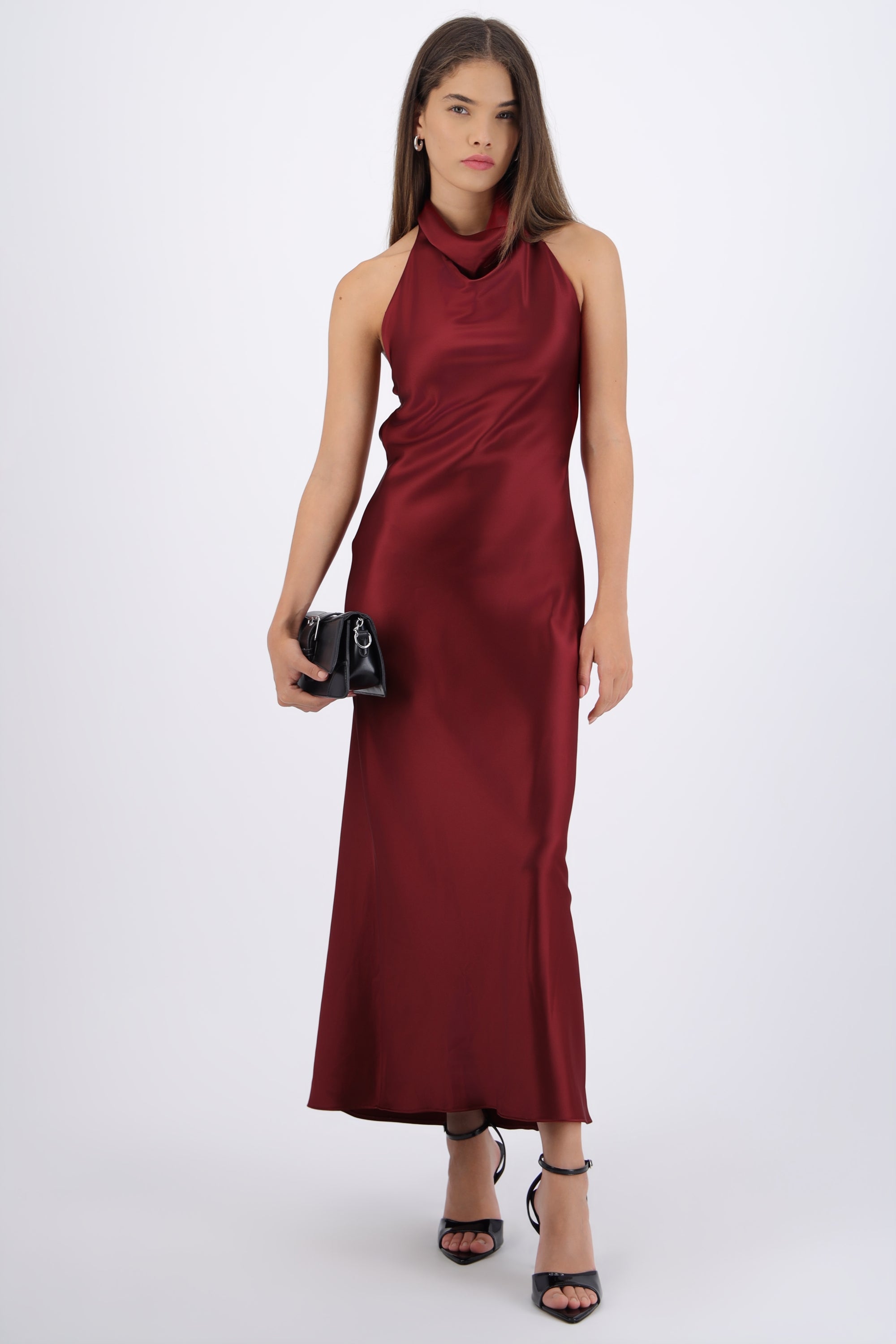 Vestido midi cuello alto espalda descubierta VINO