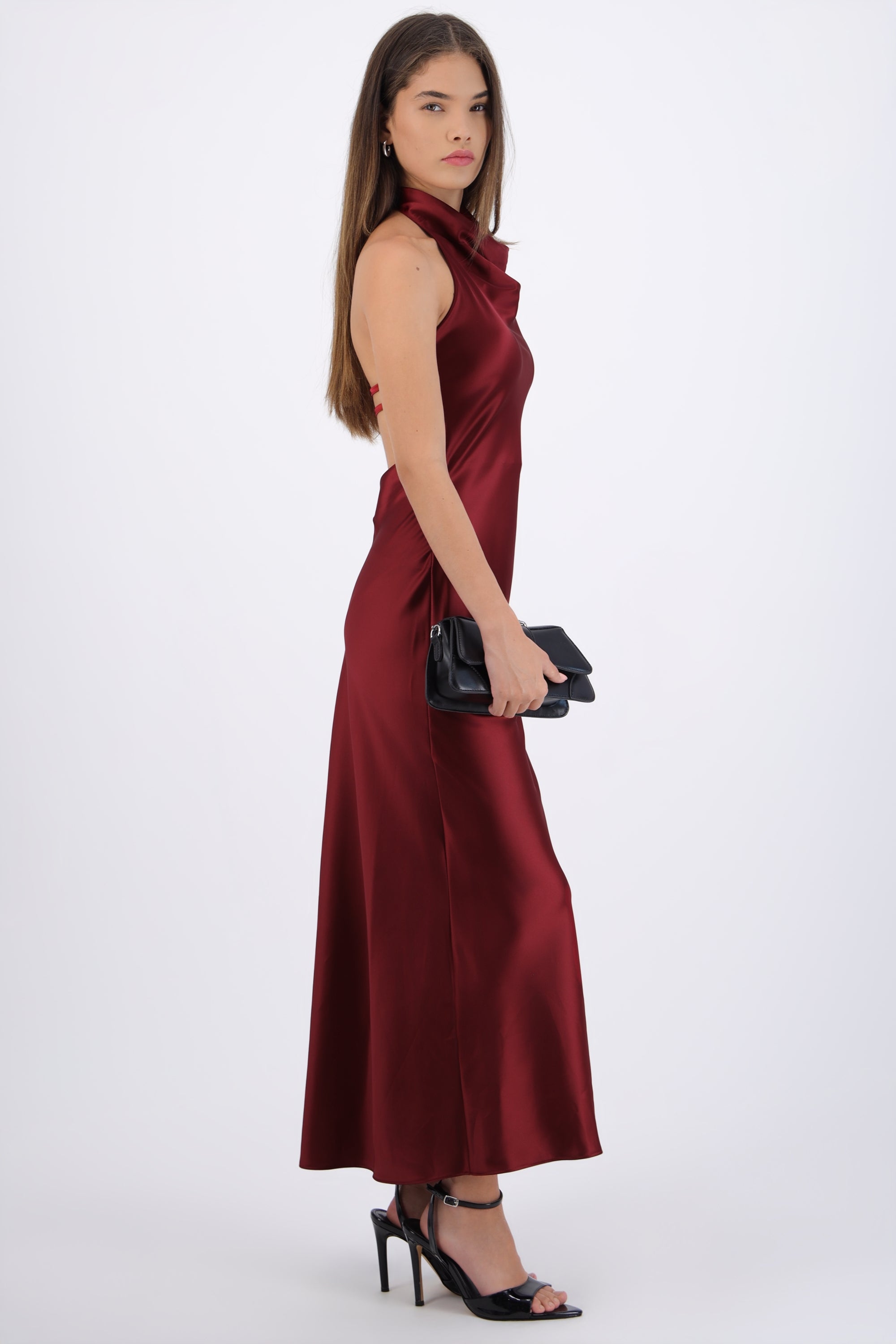Vestido midi cuello alto espalda descubierta VINO