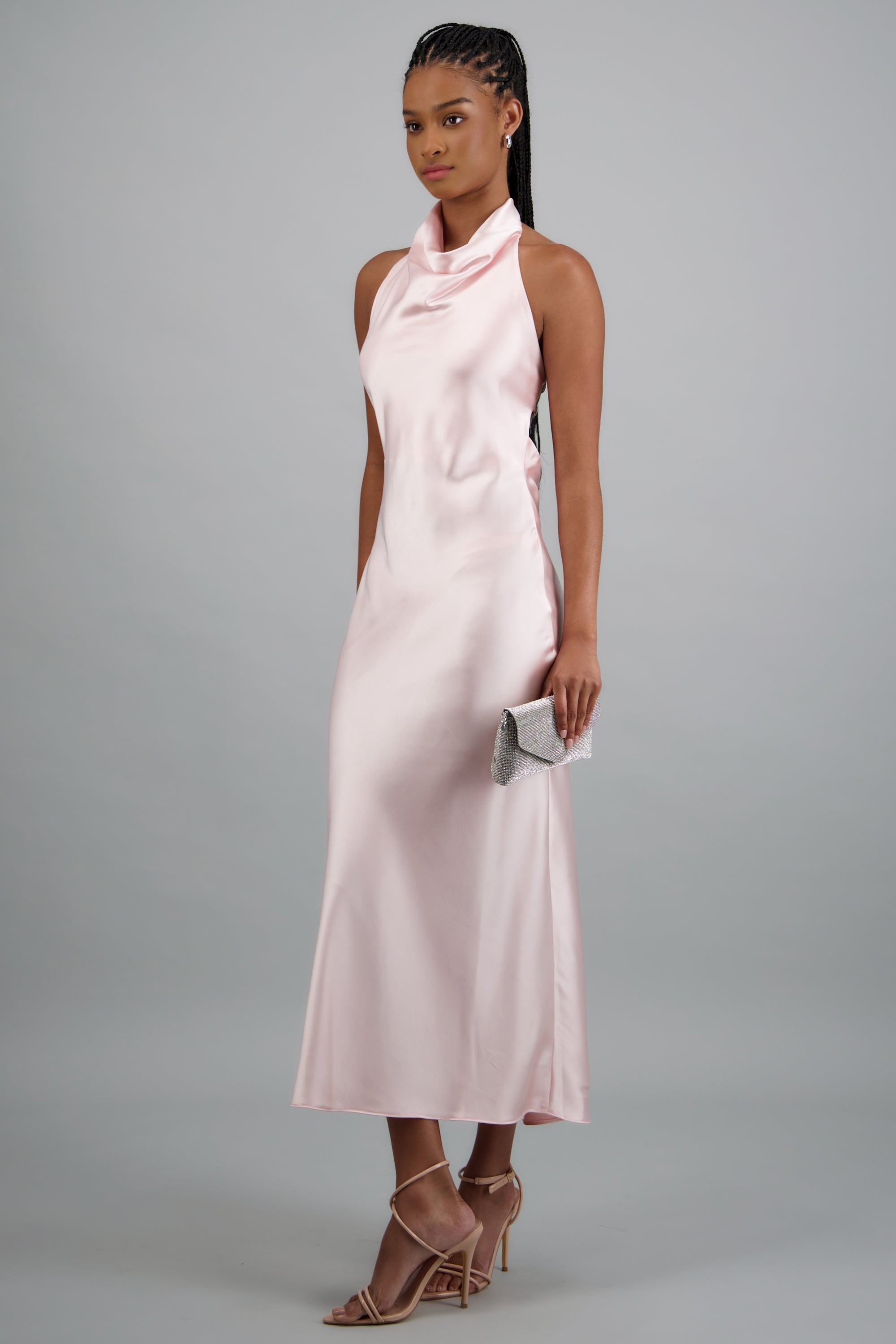 Vestido midi cuello alto espalda descubierta ROSA PASTEL