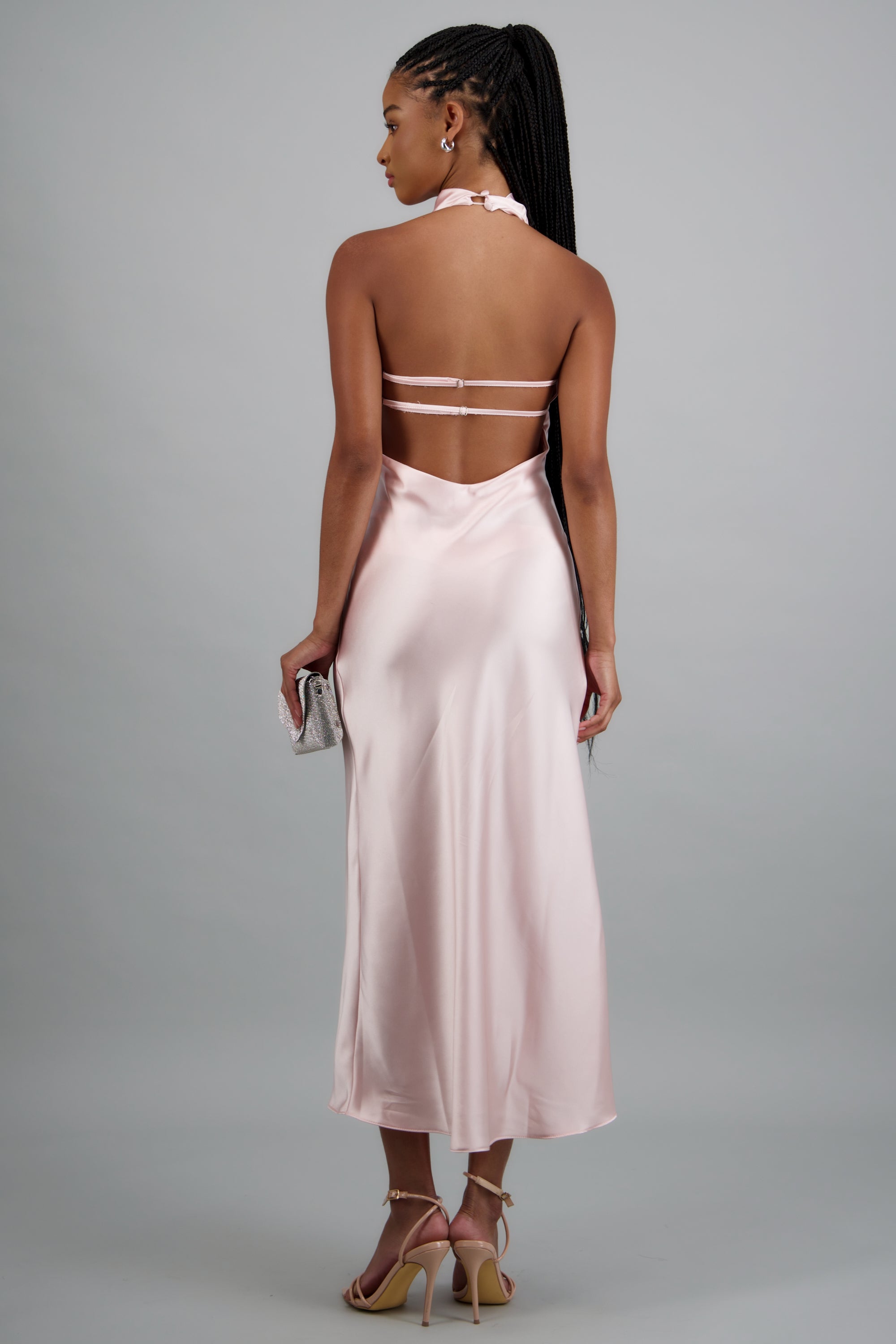Vestido midi cuello alto espalda descubierta ROSA PASTEL
