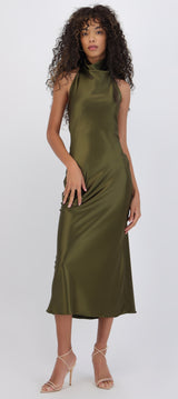 Vestido midi cuello alto espalda descubierta