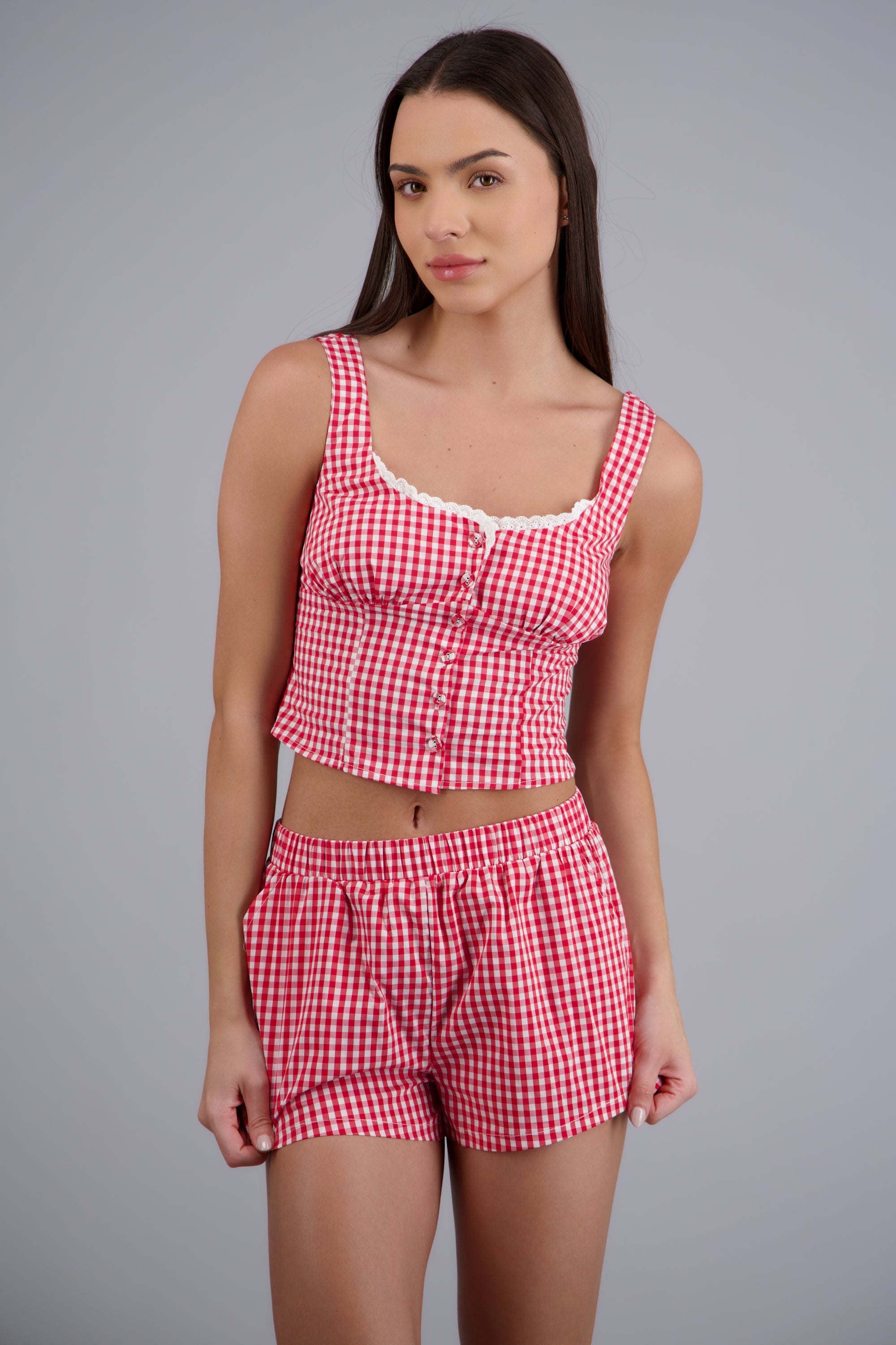 Top estampado gingham detalle encaje ROJO COMBO