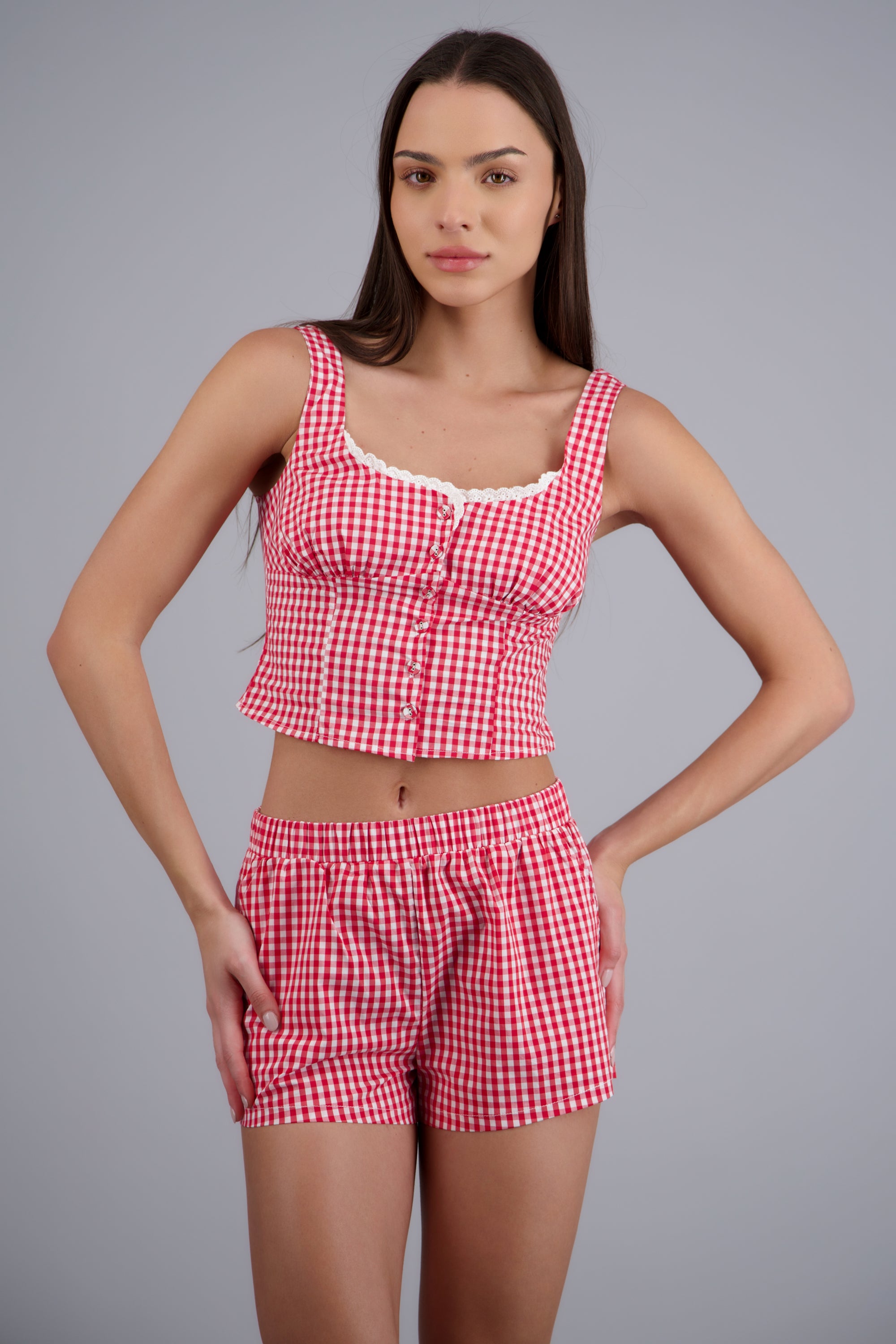 Top estampado gingham detalle encaje ROJO COMBO