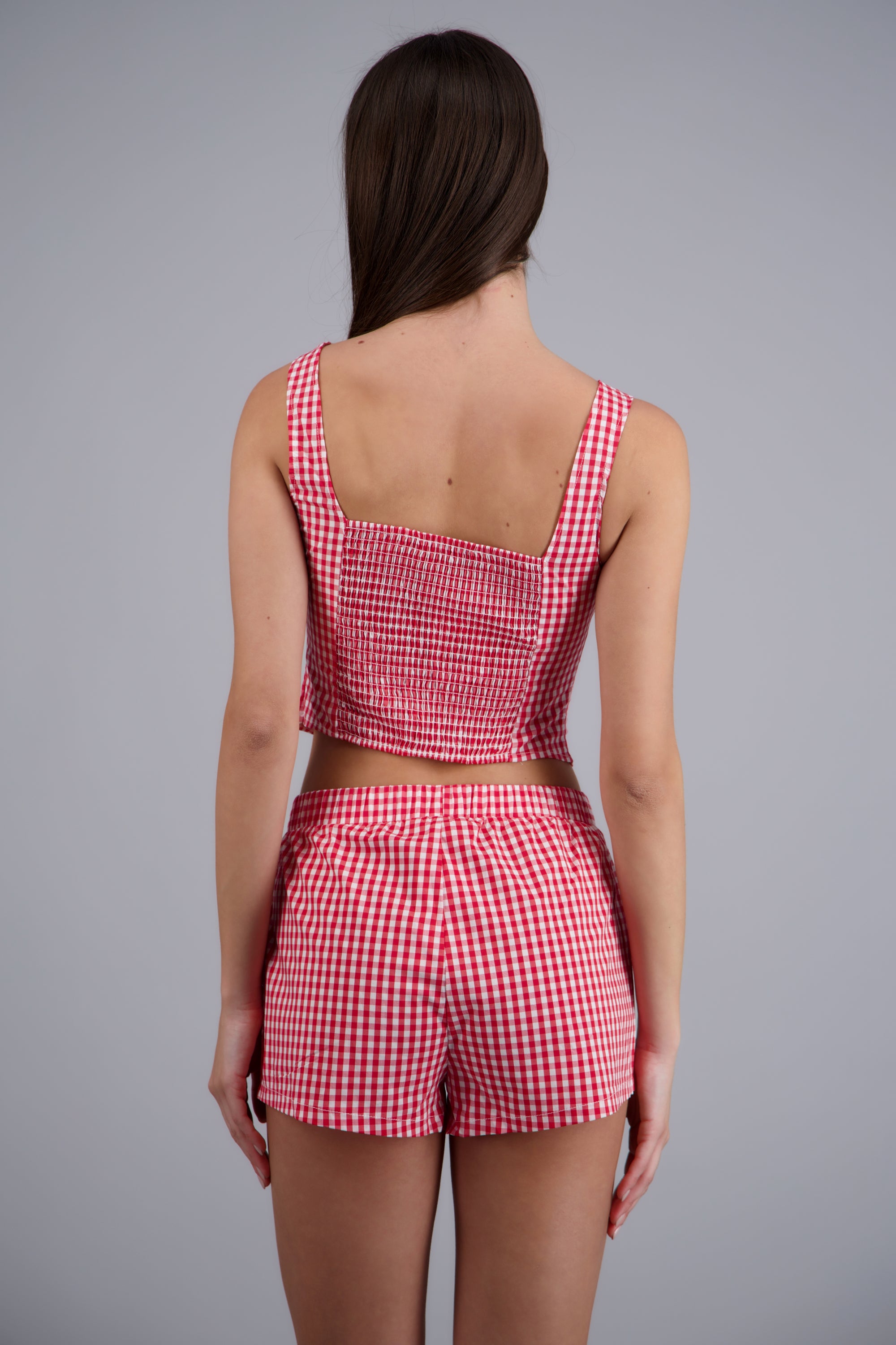 Top estampado gingham detalle encaje ROJO COMBO