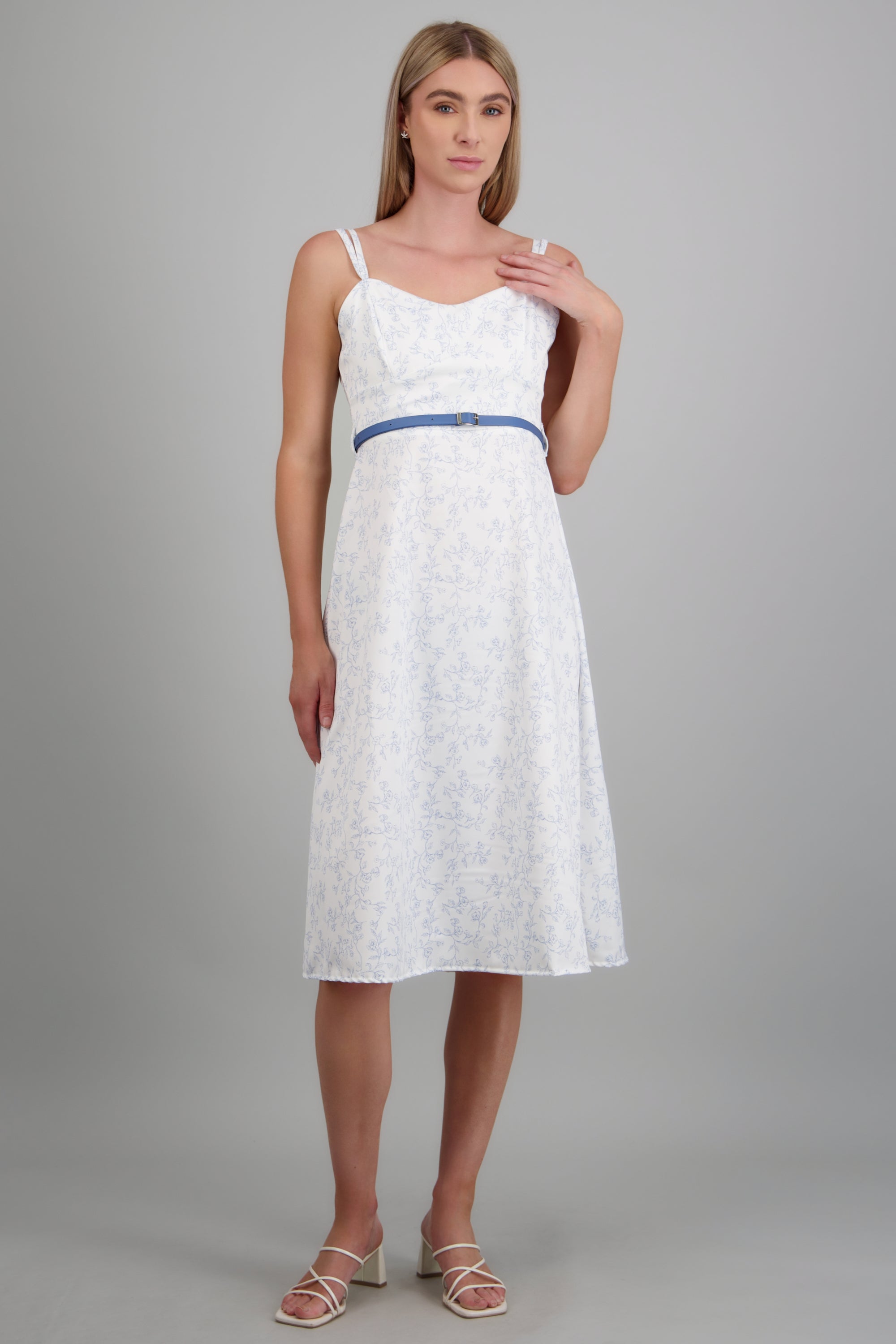 Vestido maxi estampado flores con cinto AZUL COMBO