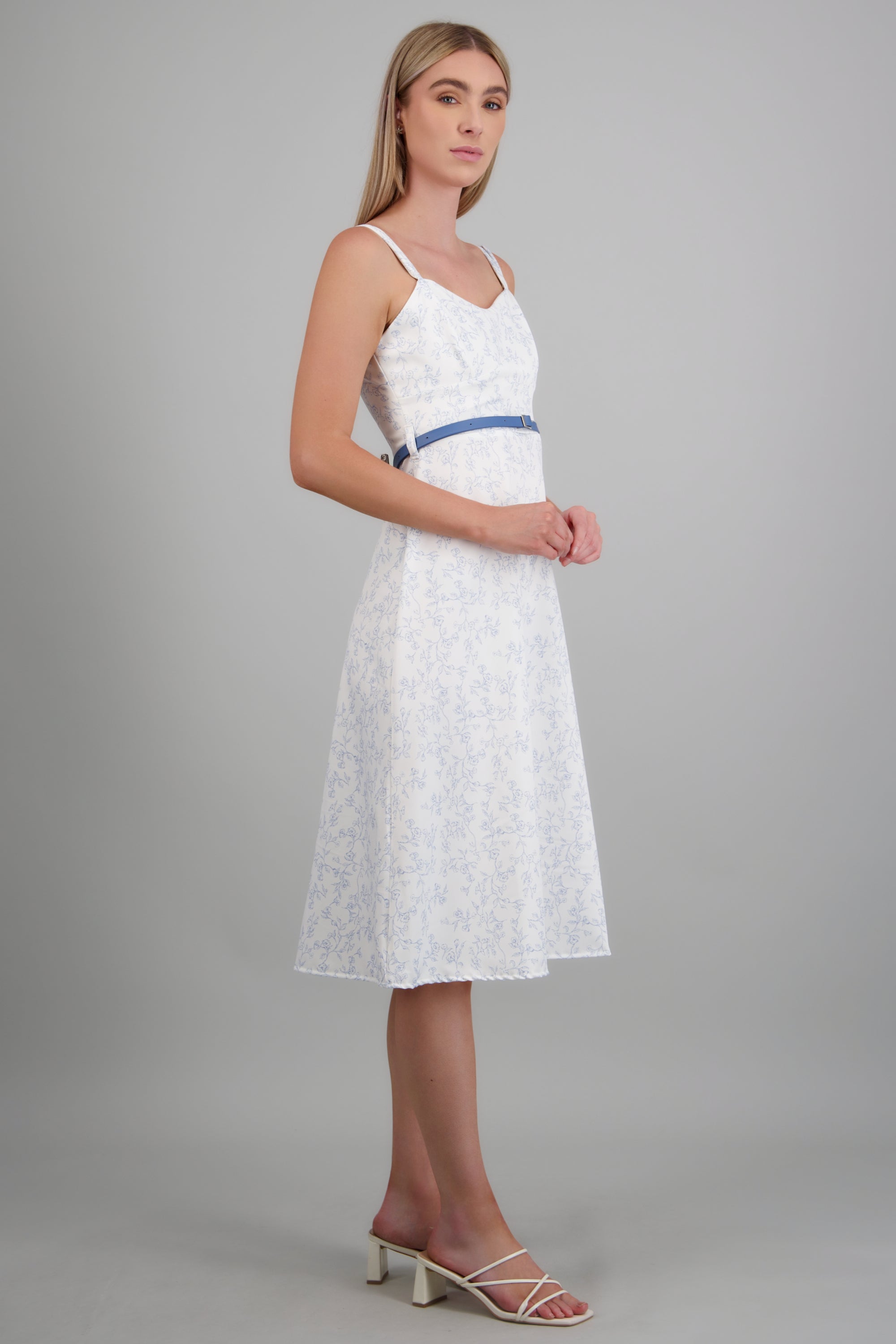 Vestido maxi estampado flores con cinto AZUL COMBO