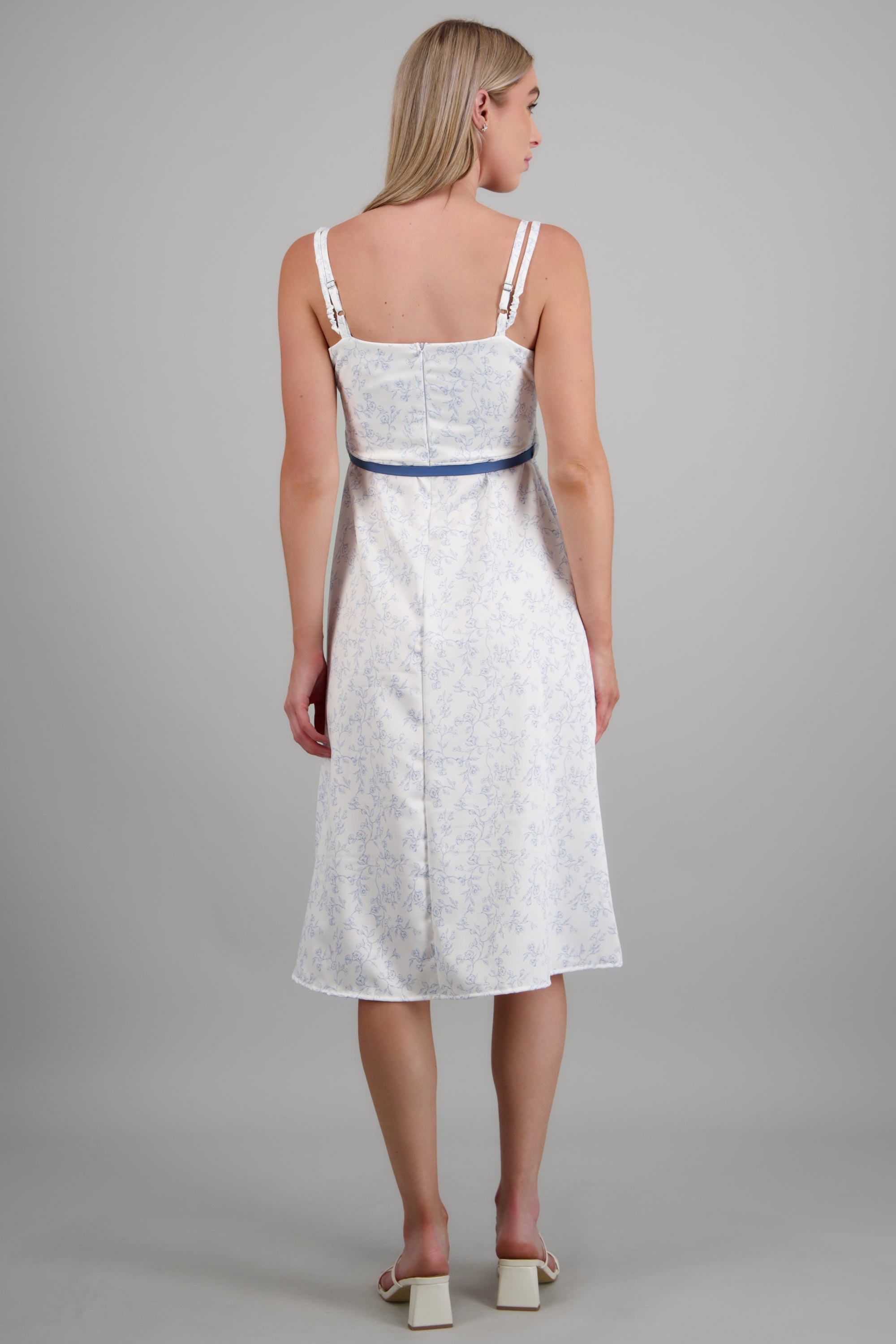 Vestido maxi estampado flores con cinto AZUL COMBO