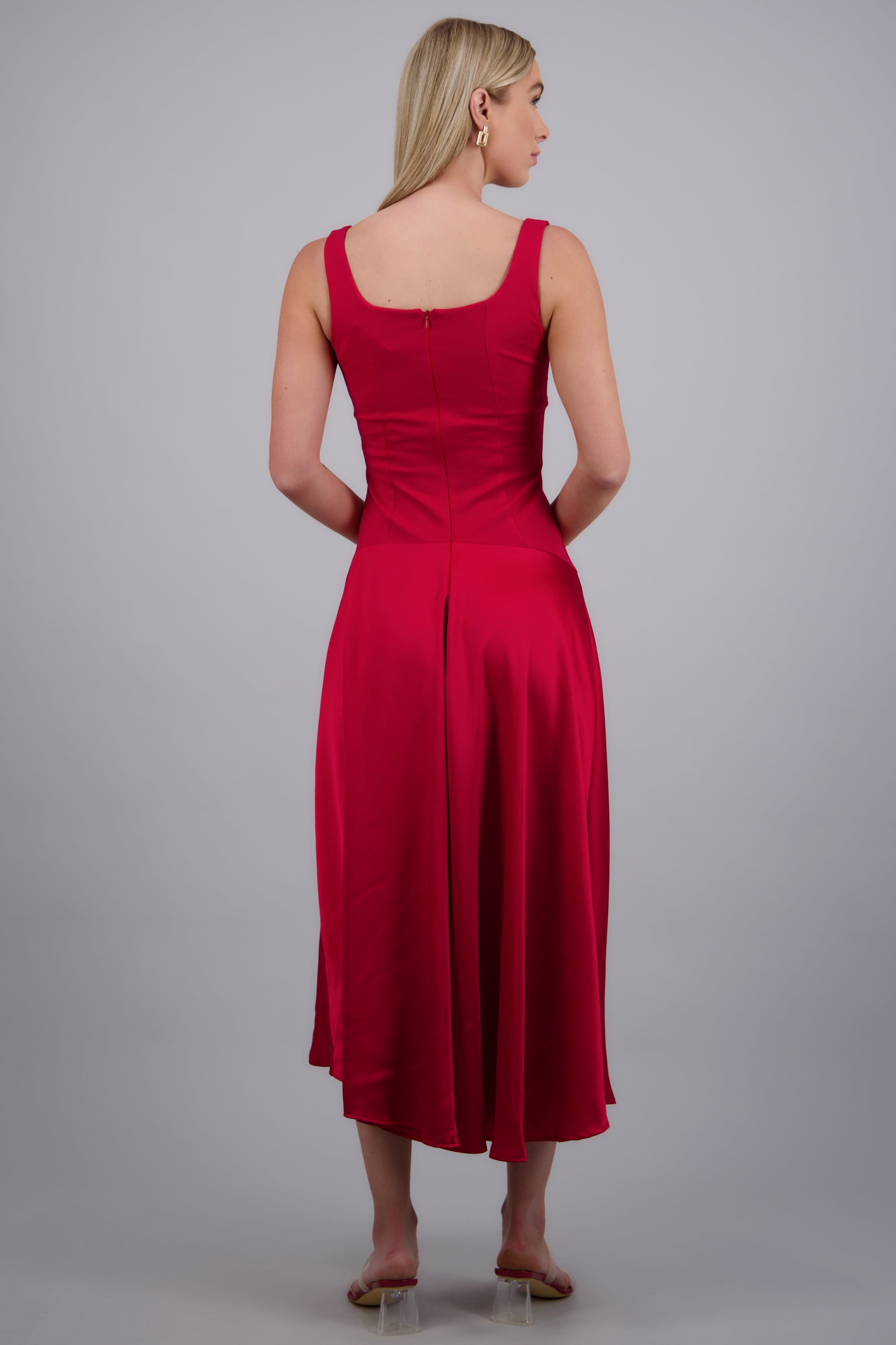 Vestido drop waisted falda satin ROJO