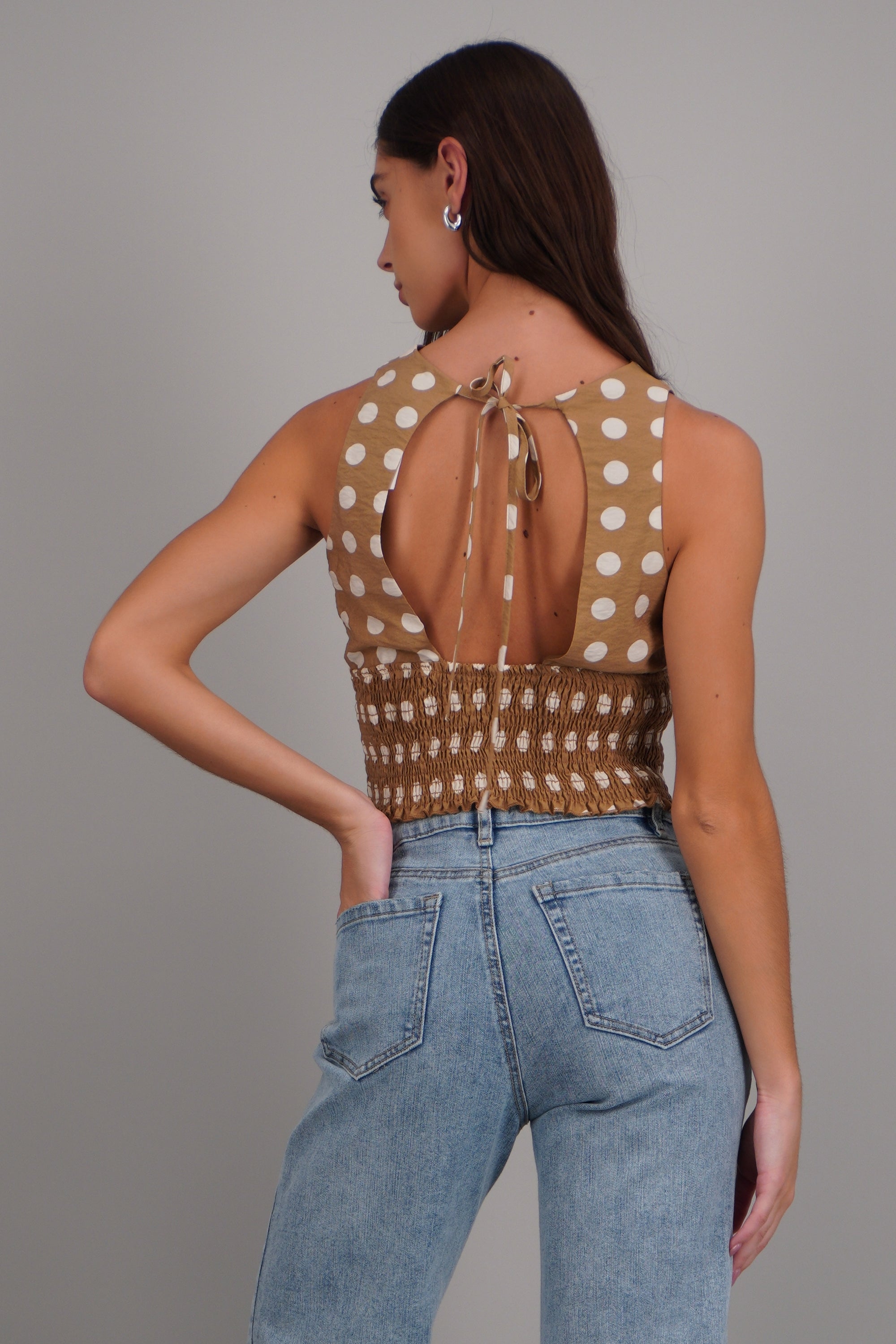 Top smock espalda amarre polka dots CAMELLO