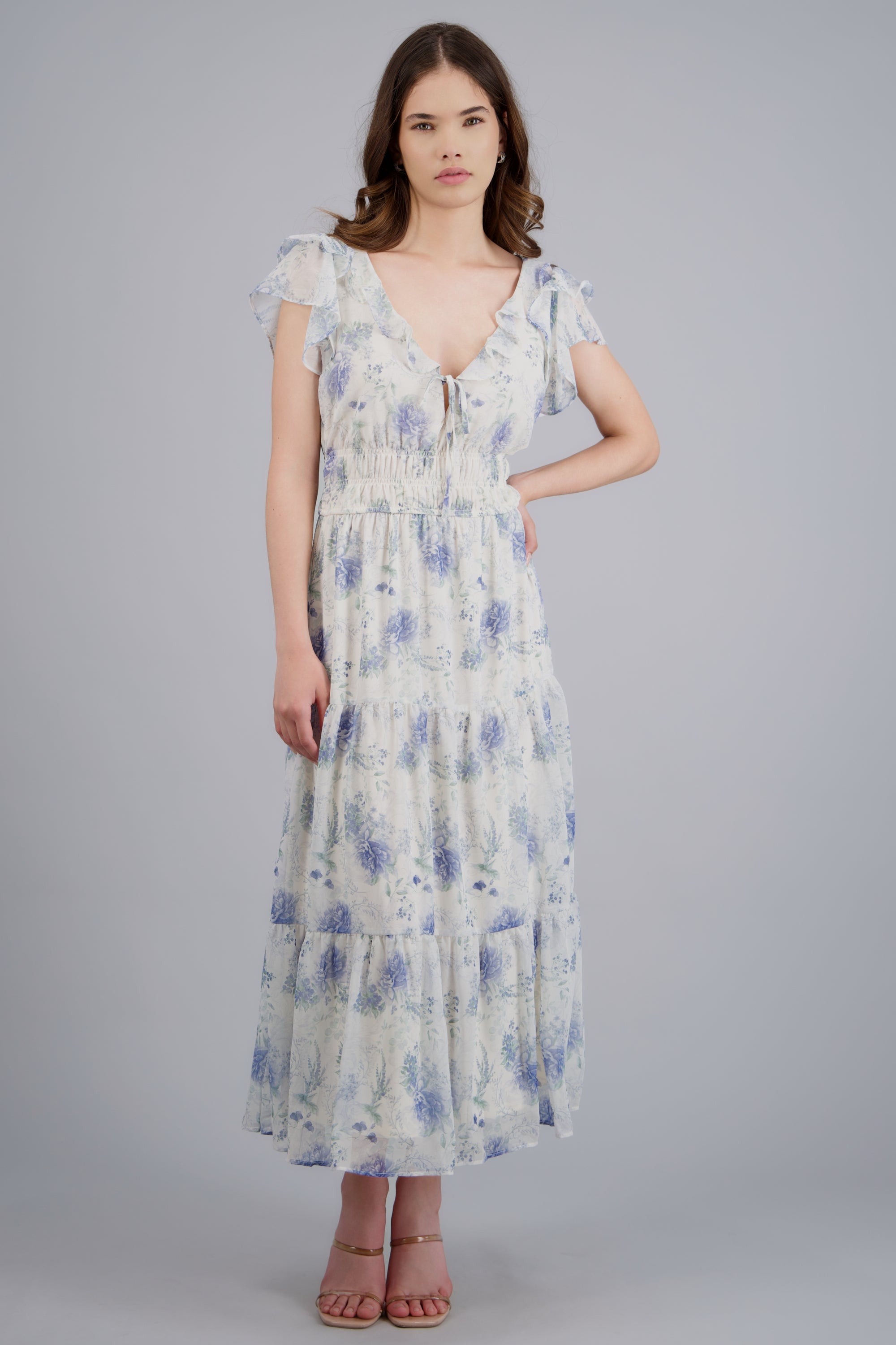 Vestido estampado flores con mini olanes BLANCO COMBO