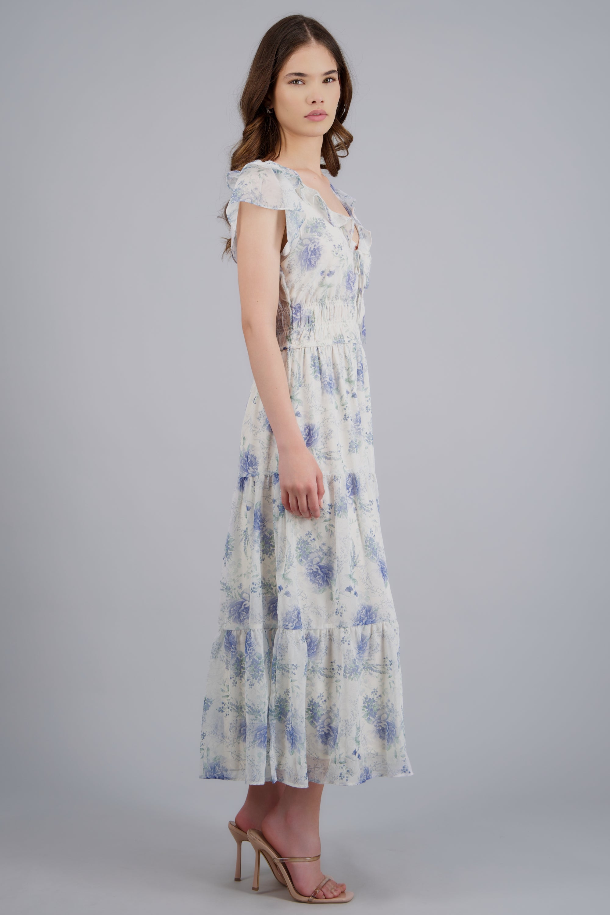 Vestido estampado flores con mini olanes BLANCO COMBO