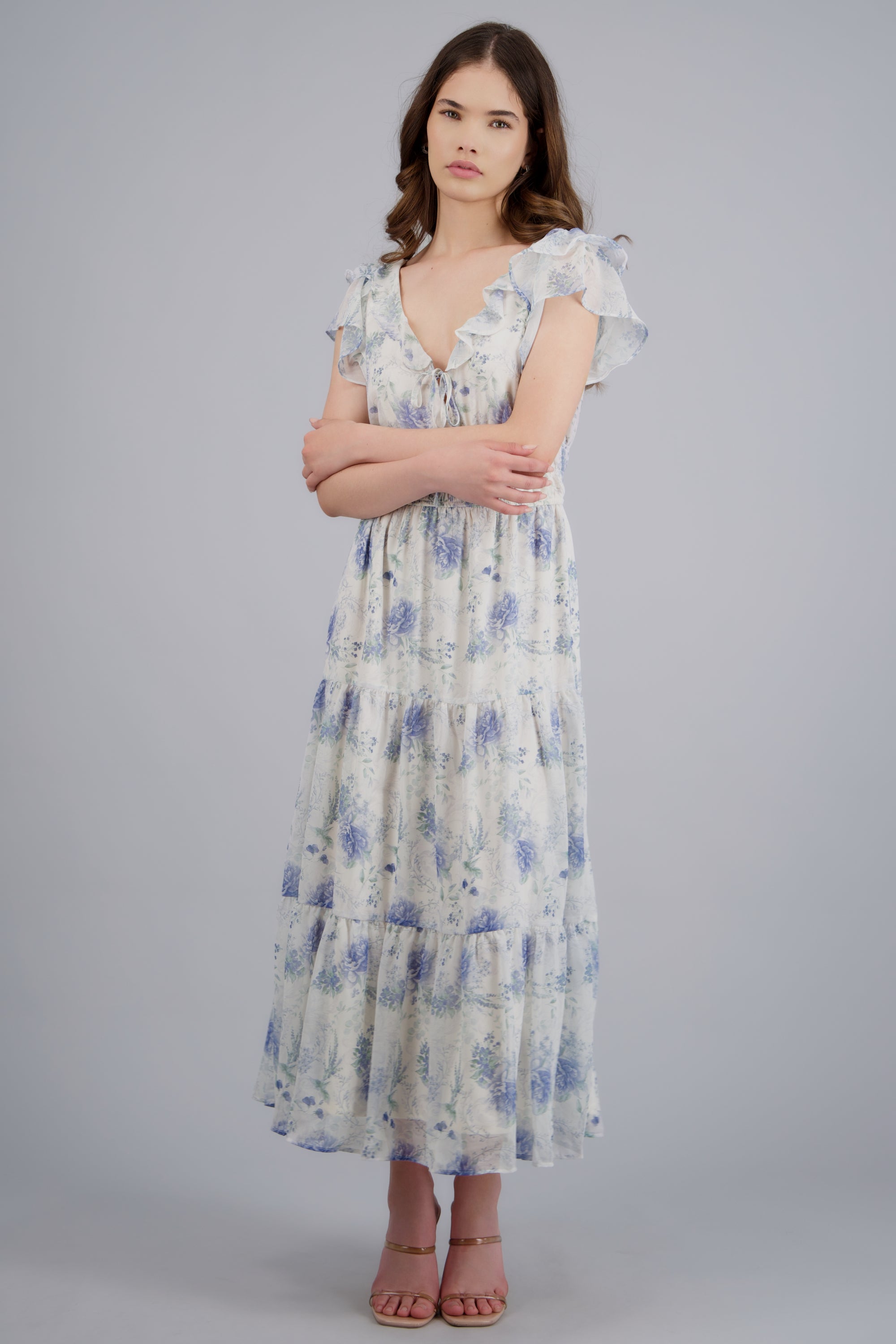 Vestido estampado flores con mini olanes BLANCO COMBO