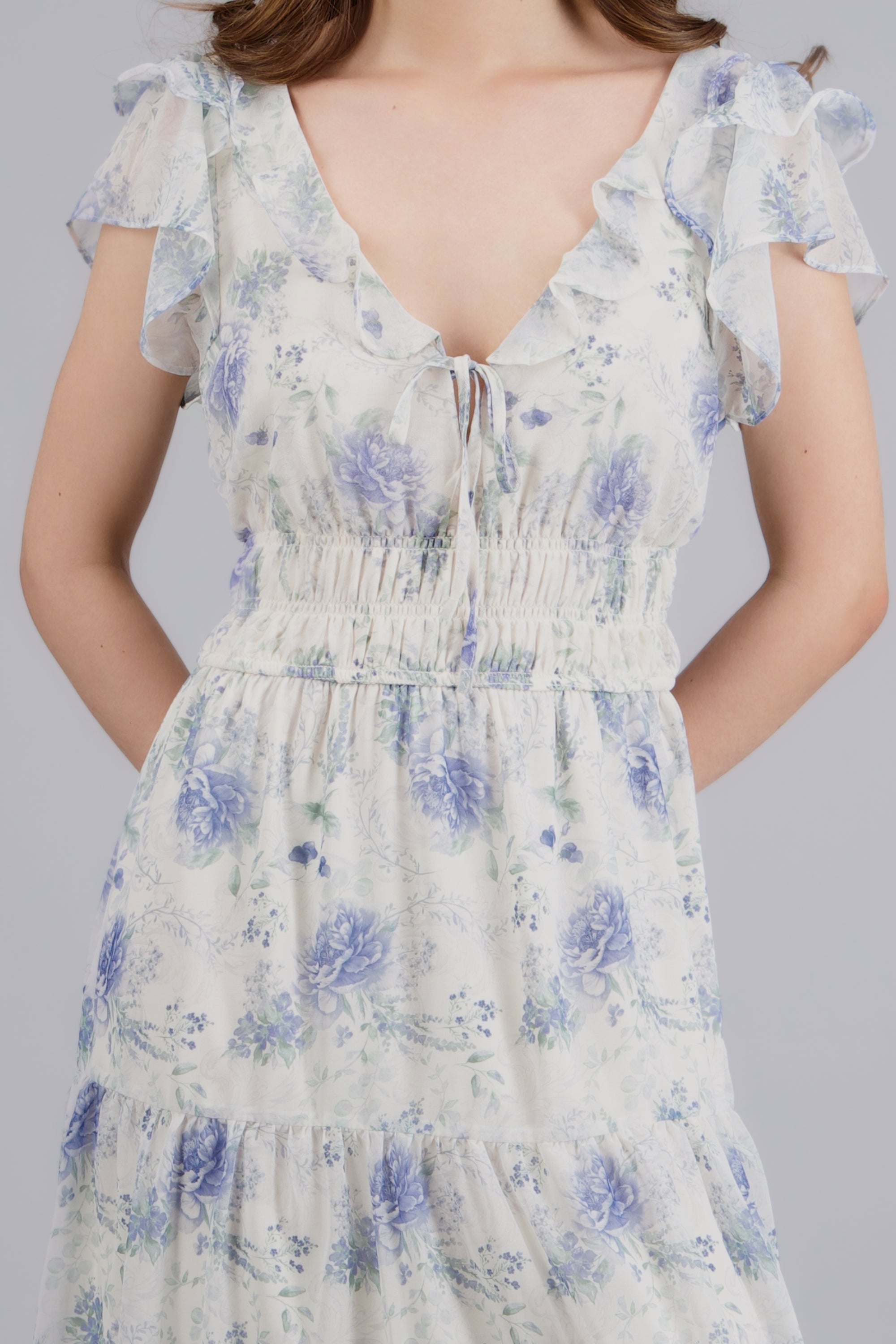 Vestido estampado flores con mini olanes BLANCO COMBO