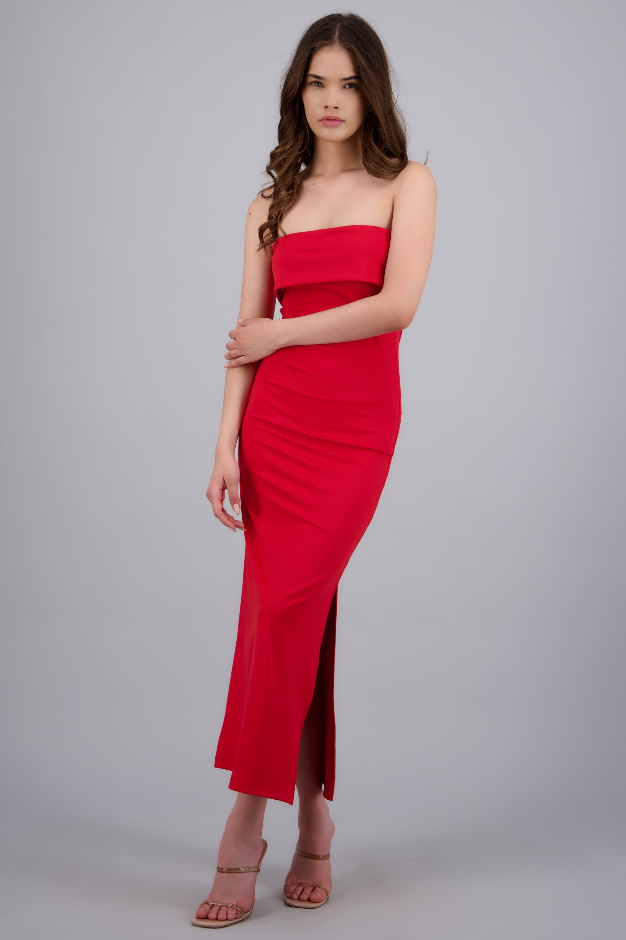 Vestido strapless detalle doblado ROJO