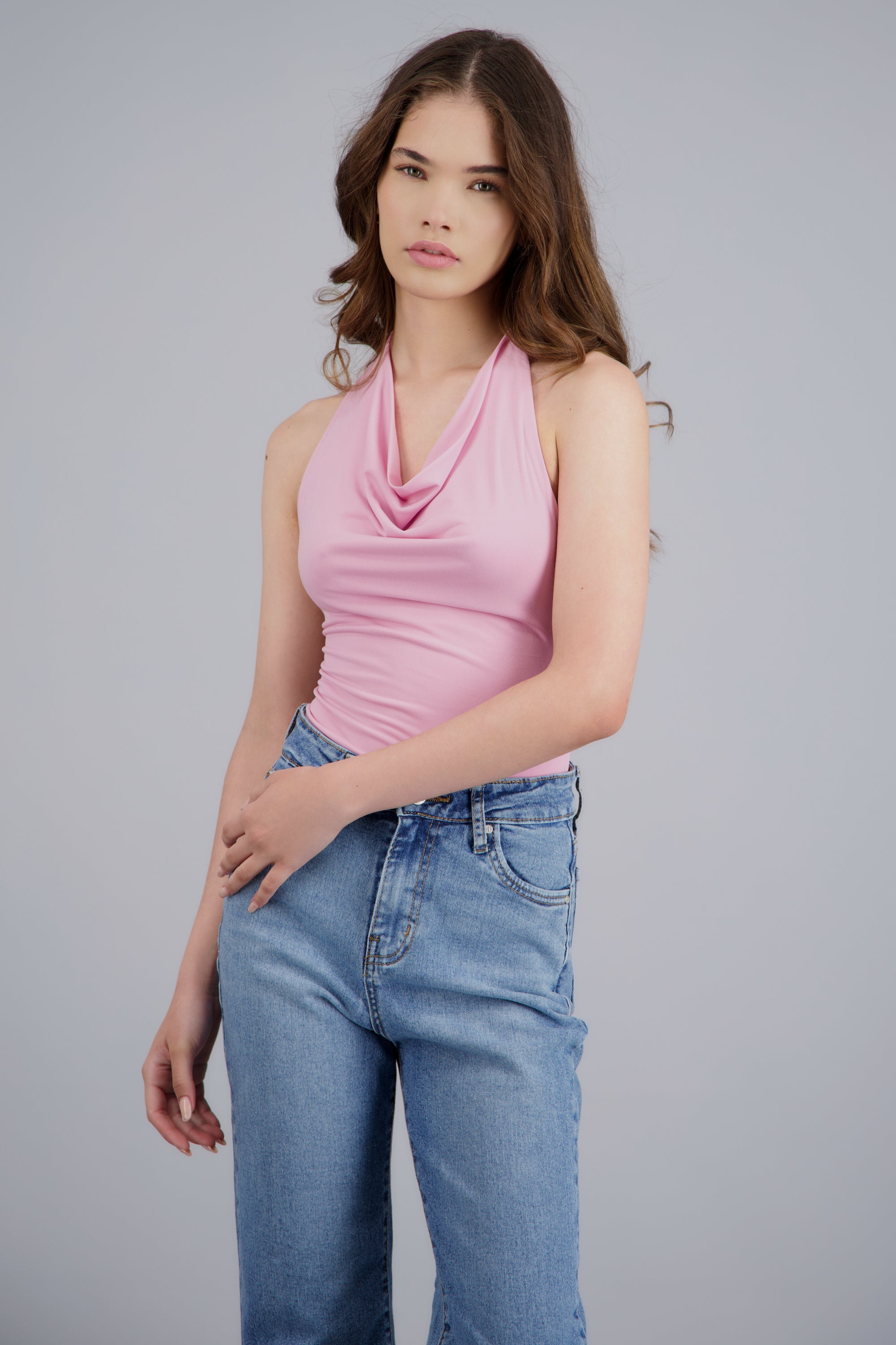 Bodysuit halter escote cascada drapeado ROSA PASTEL