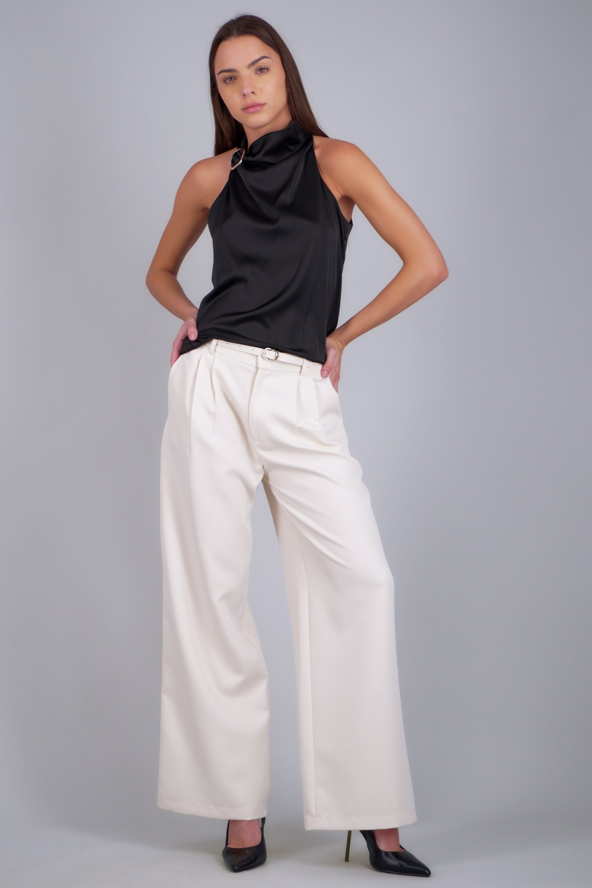 Pantalon sastre wide leg cinto a tono CREMA