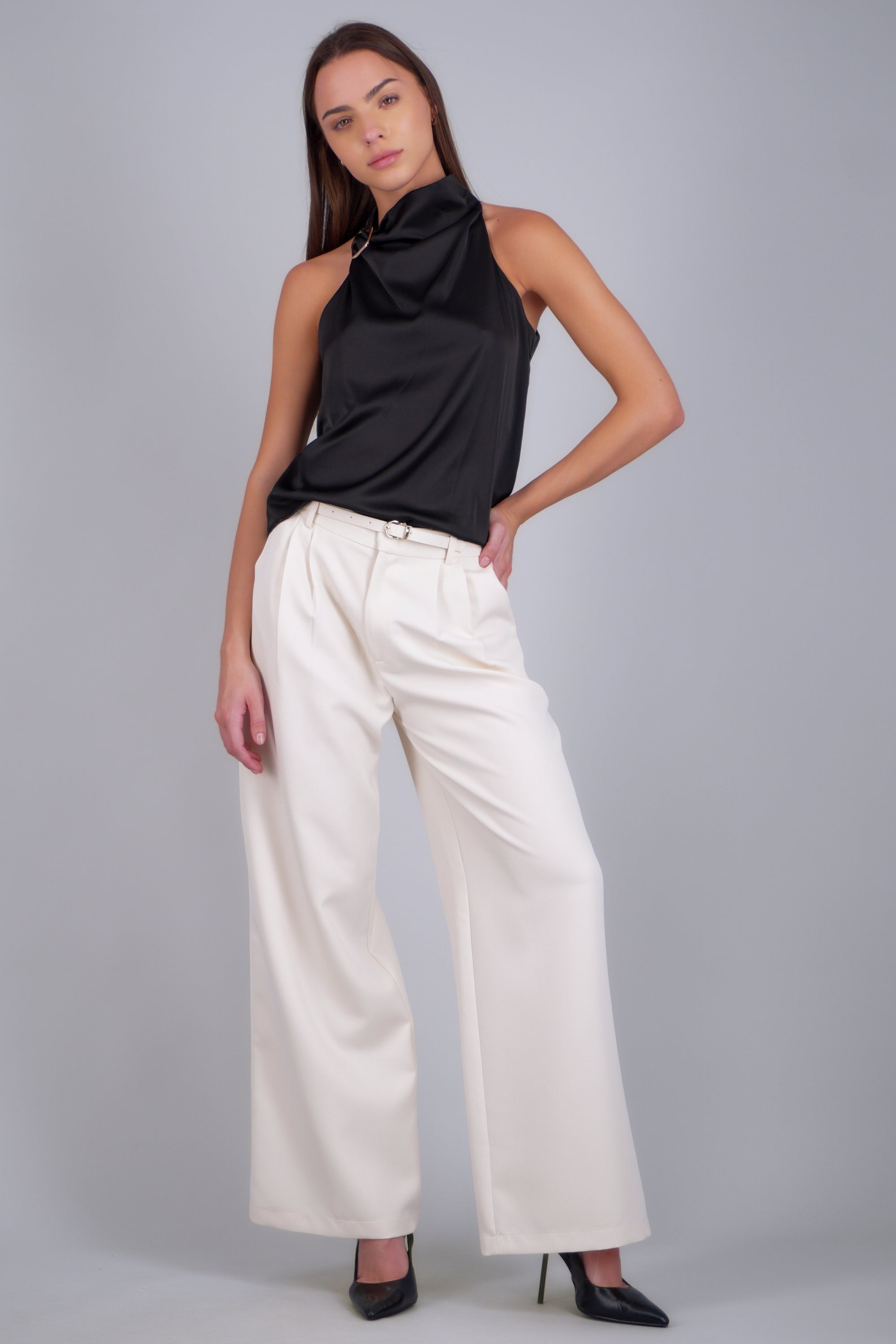 Pantalon sastre wide leg cinto a tono CREMA