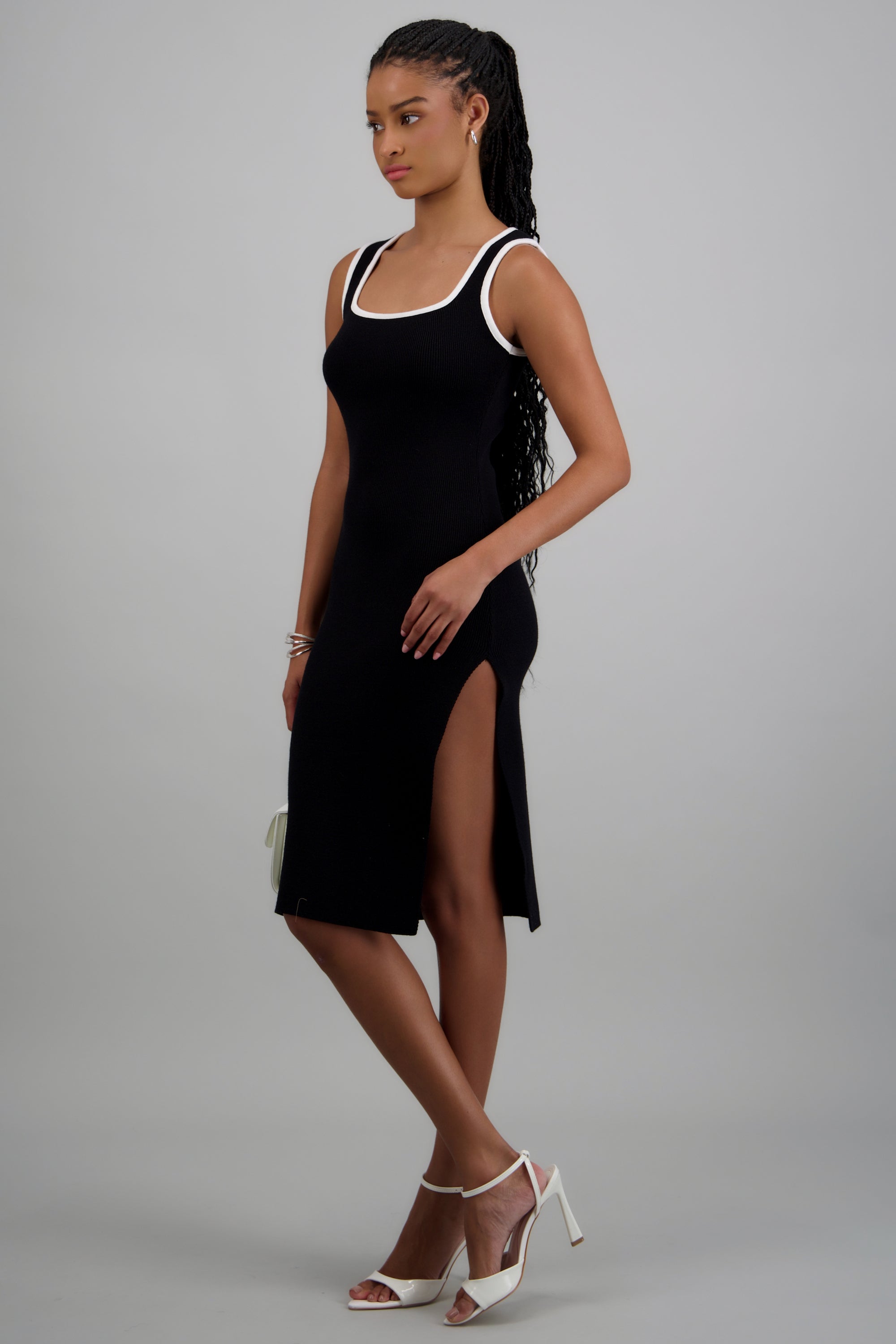 Vestido contraste escote cuadrado NEGRO